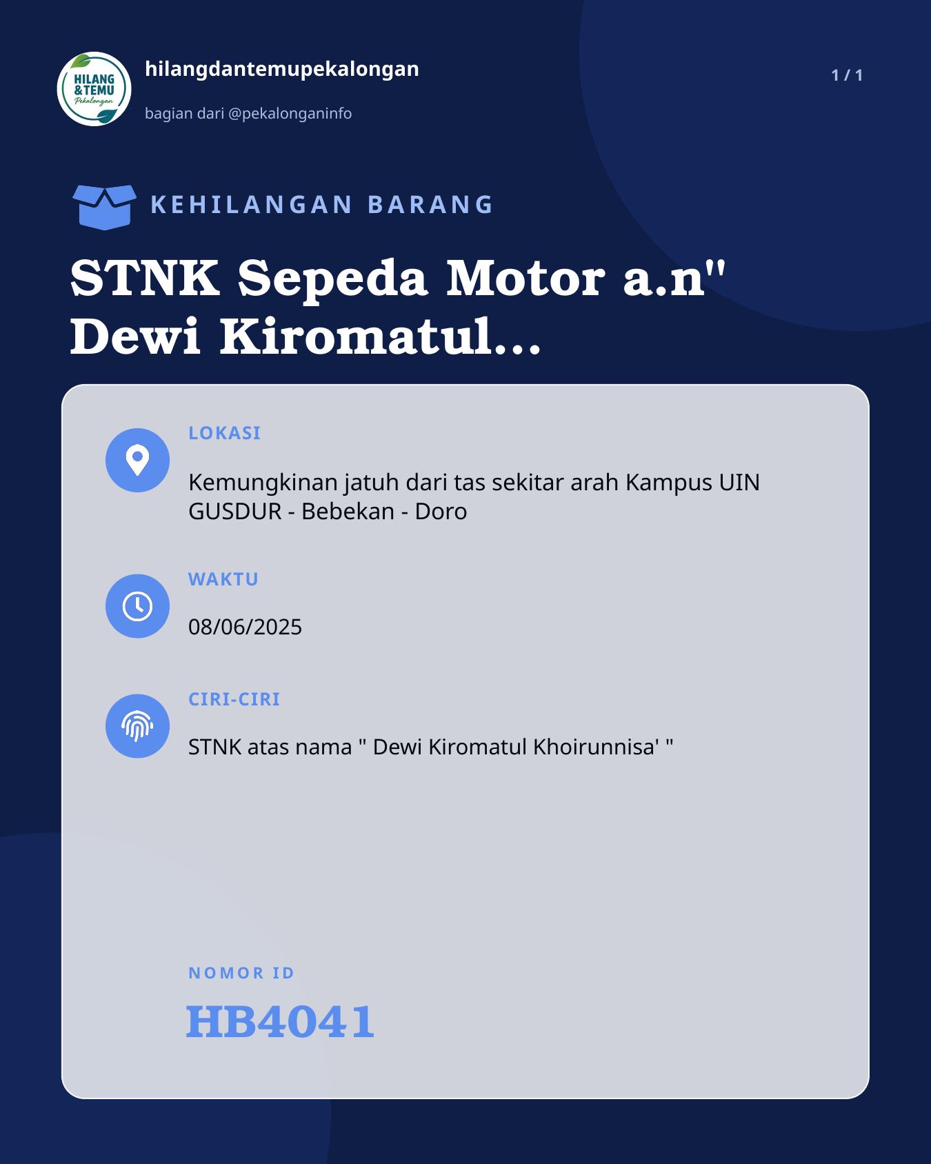 Slide laporan STNK Sepeda Motor a.n" Dewi Kiromatul Khoirunnisa' " (HB4041)