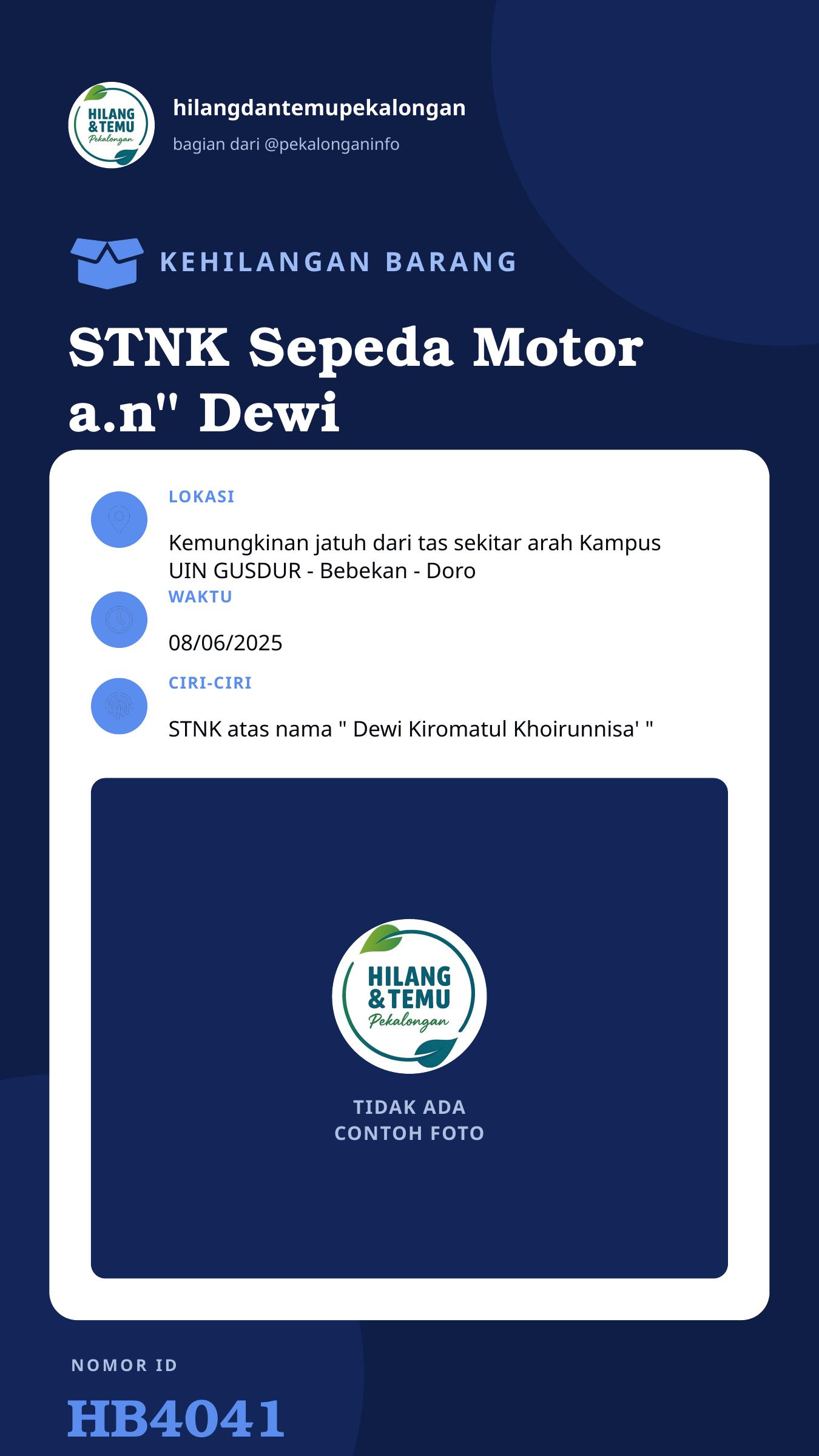 Story 9:16 laporan STNK Sepeda Motor a.n" Dewi Kiromatul Khoirunnisa' "