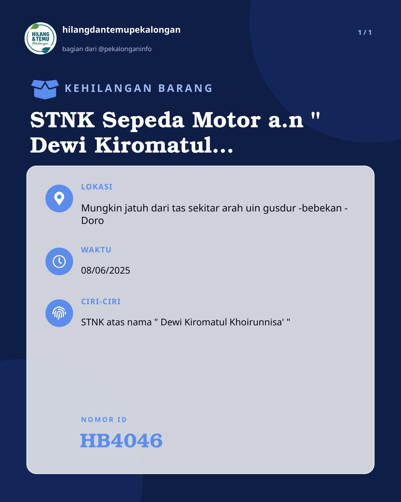 Slide laporan STNK Sepeda Motor a.n " Dewi Kiromatul Khoirunnisa' " (HB4046)