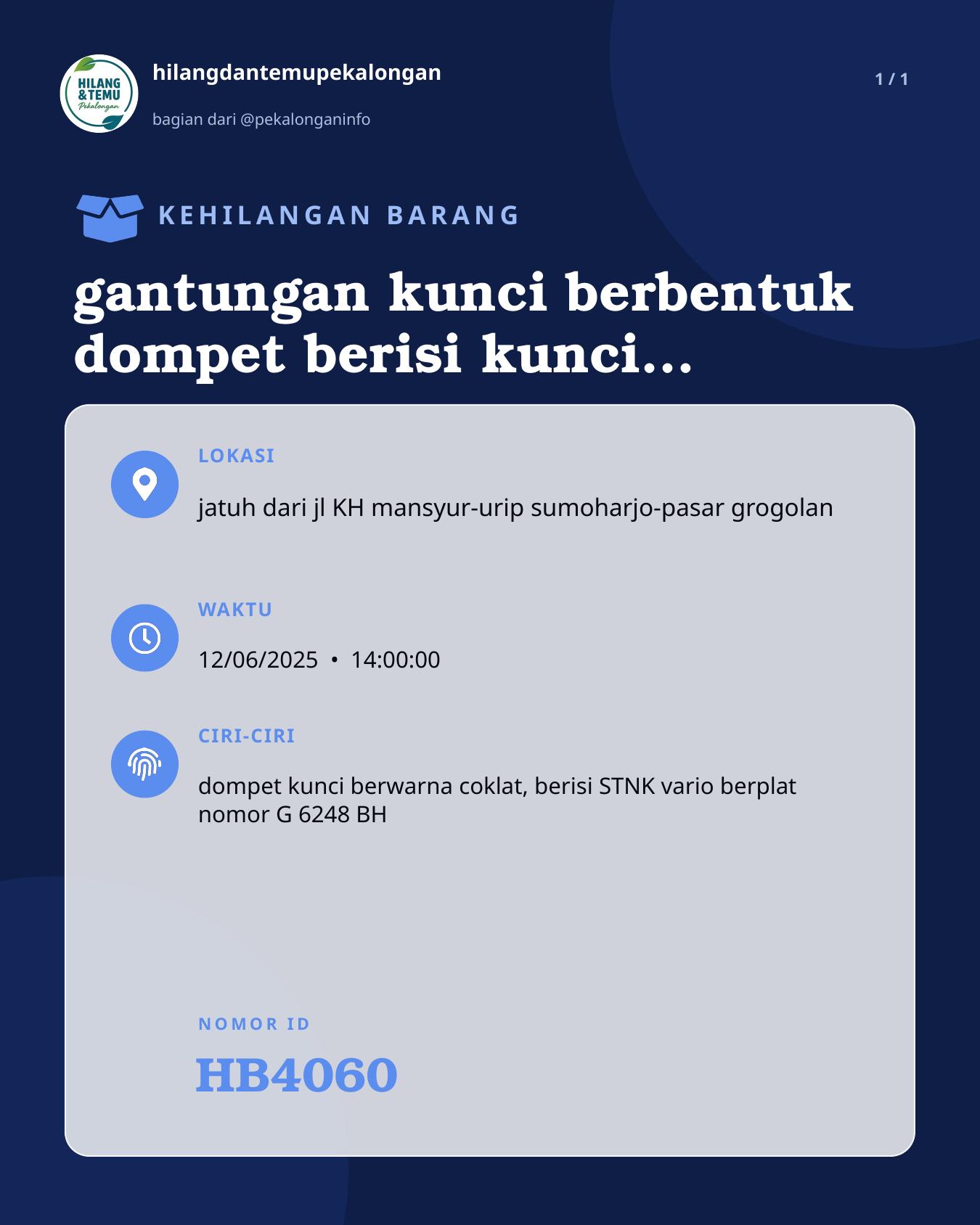 Slide laporan gantungan kunci berbentuk dompet berisi kunci dan STNK (HB4060)