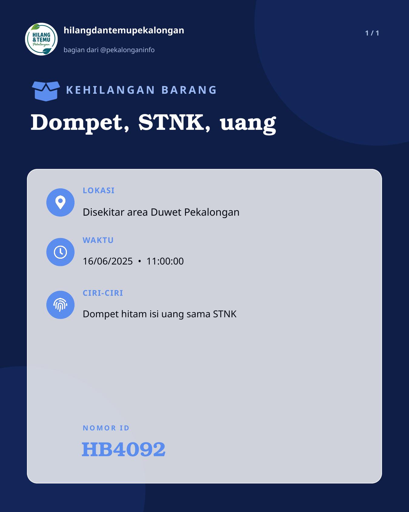 Slide laporan Dompet, STNK, uang (HB4092)