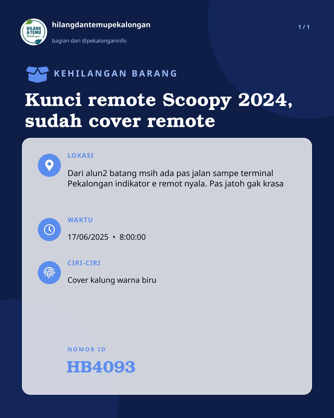 Slide laporan Kunci remote Scoopy 2024, sudah cover remote (HB4093)