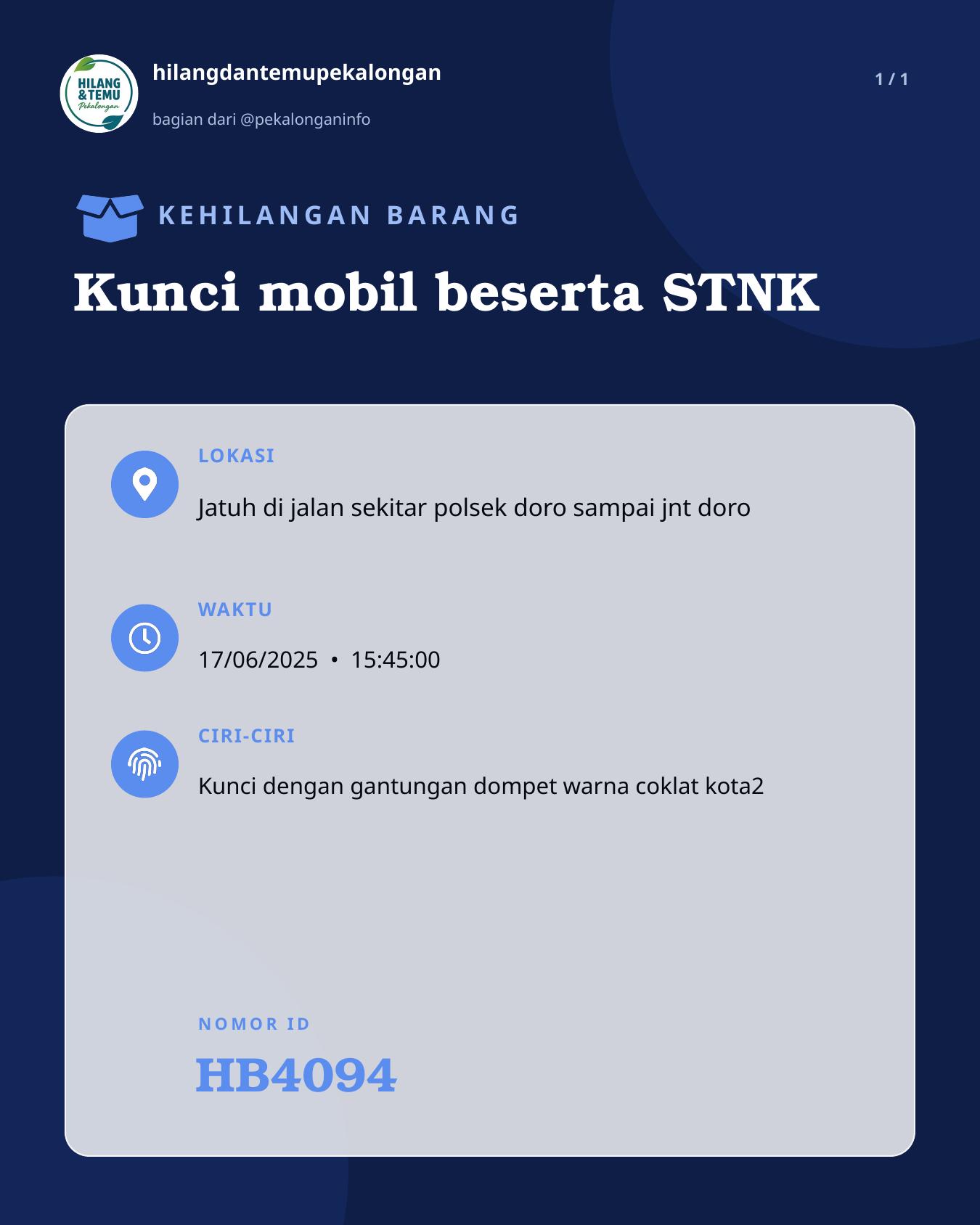 Slide laporan Kunci mobil beserta STNK (HB4094)
