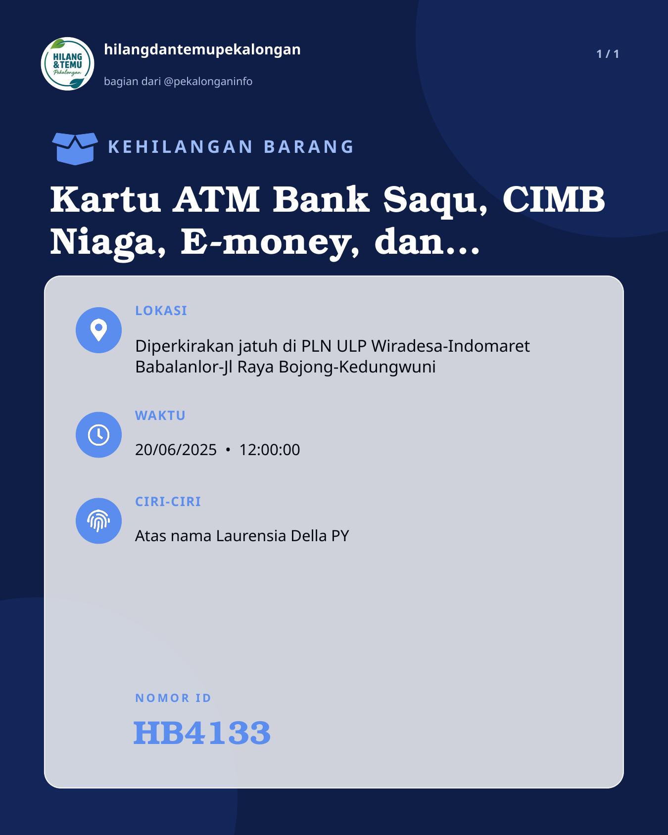 Slide laporan Kartu ATM Bank Saqu, CIMB Niaga, E-money, dan SIM (HB4133)