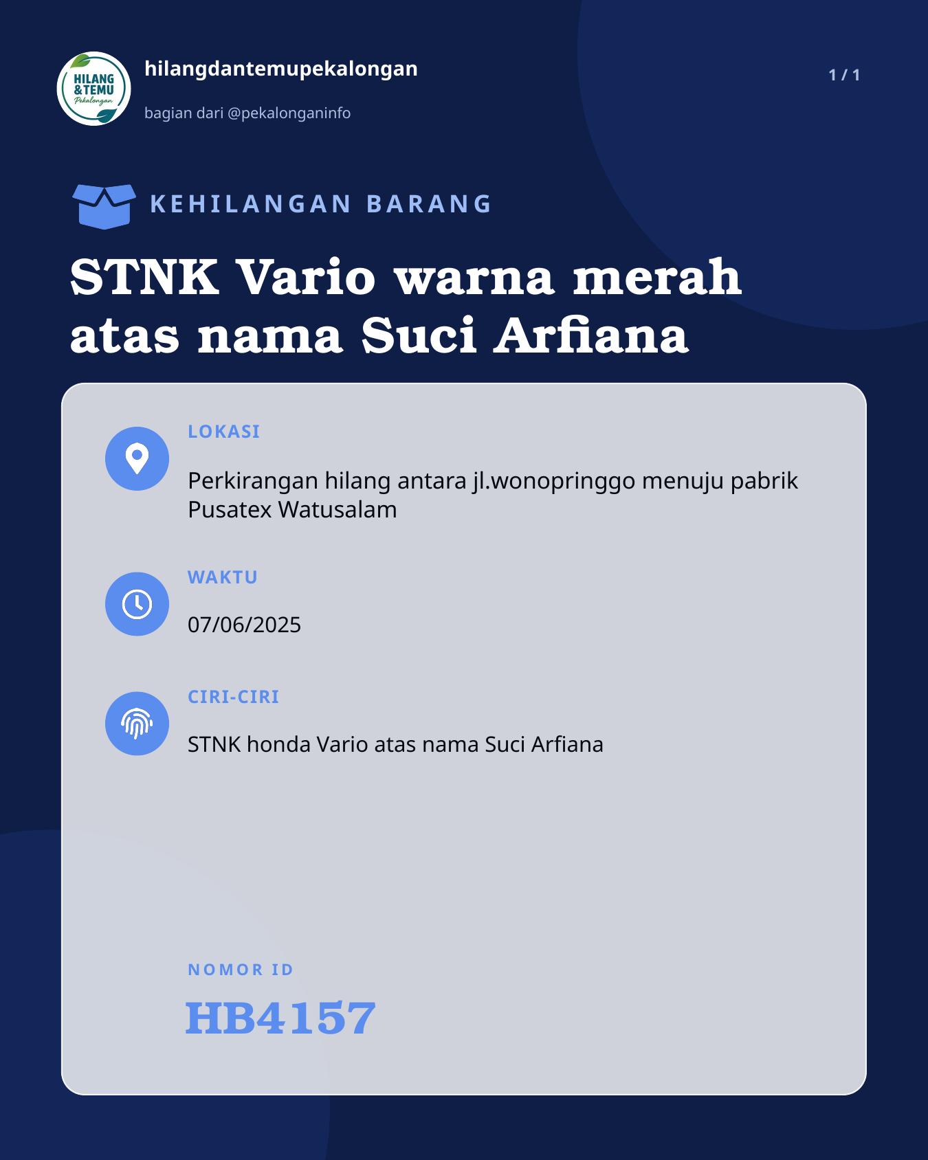 Slide laporan STNK Vario warna merah atas nama Suci Arfiana (HB4157)