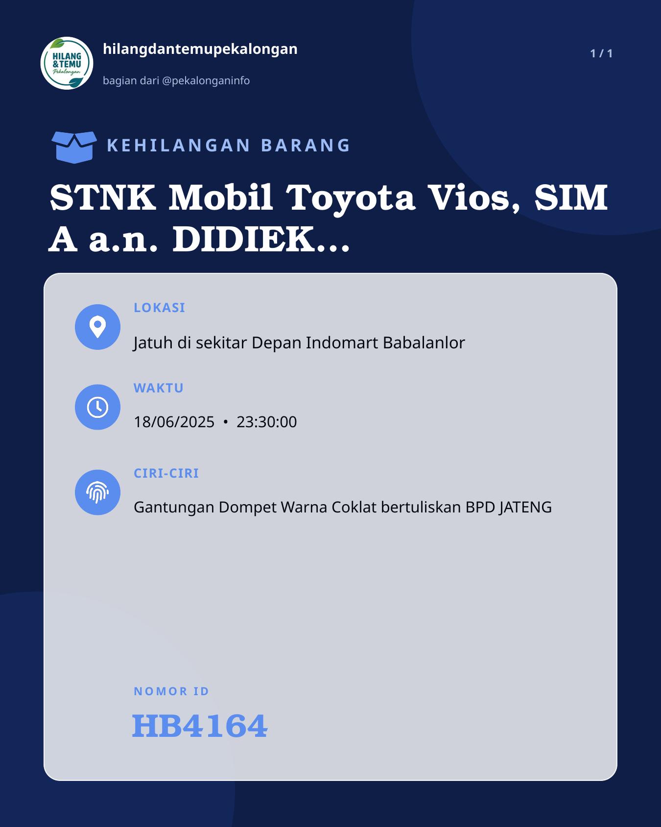Slide laporan STNK Mobil Toyota Vios, SIM A a.n. DIDIEK HARAHAB (HB4164)