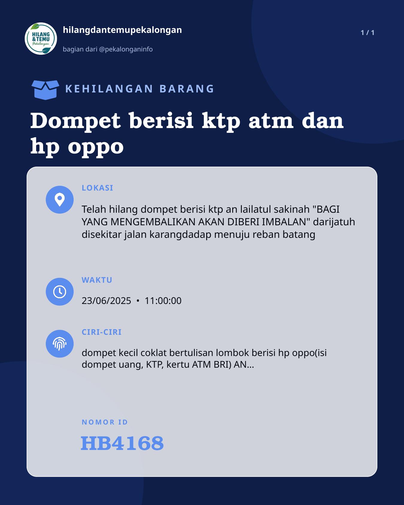 Slide laporan Dompet berisi ktp atm dan hp oppo (HB4168)