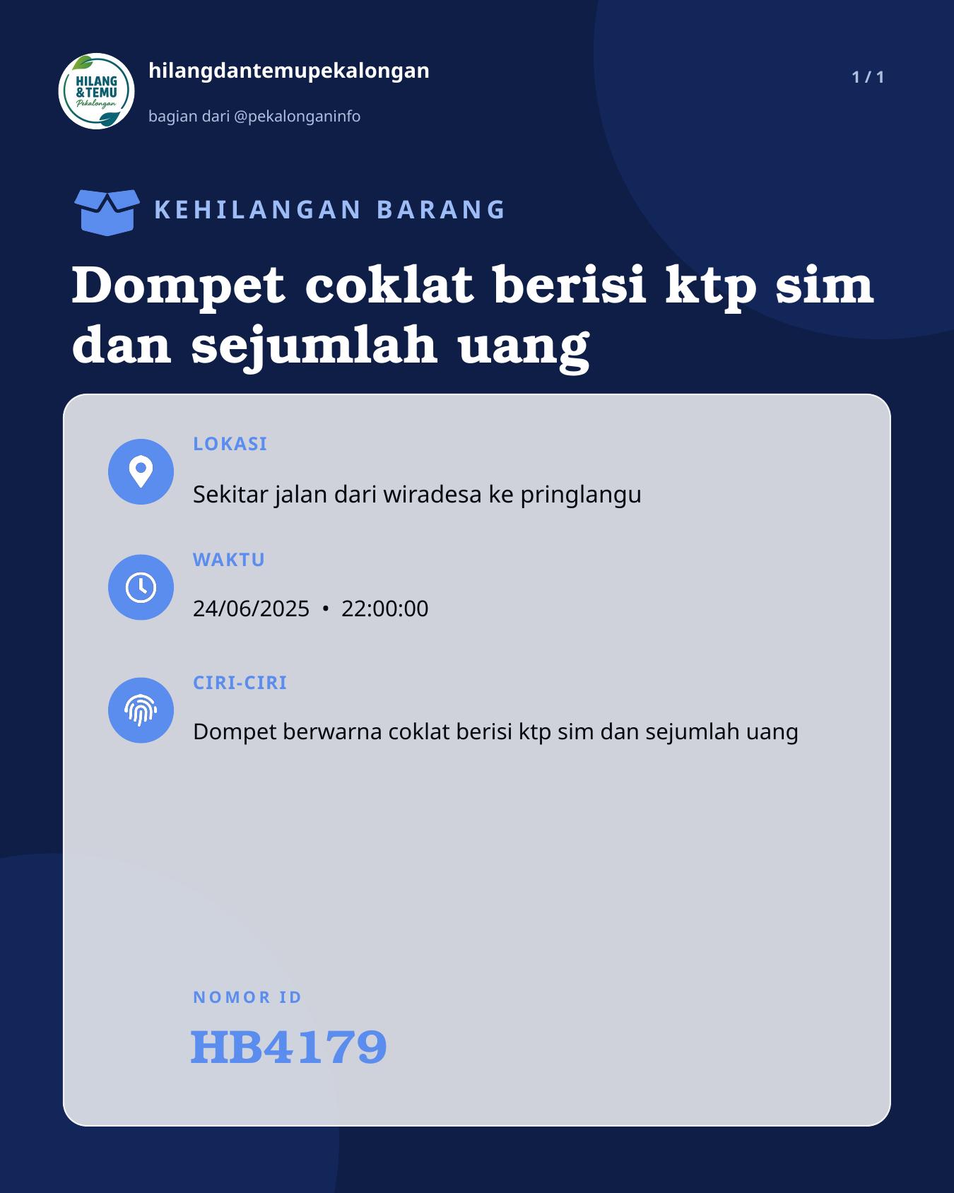 Slide laporan Dompet coklat berisi ktp sim dan sejumlah uang (HB4179)
