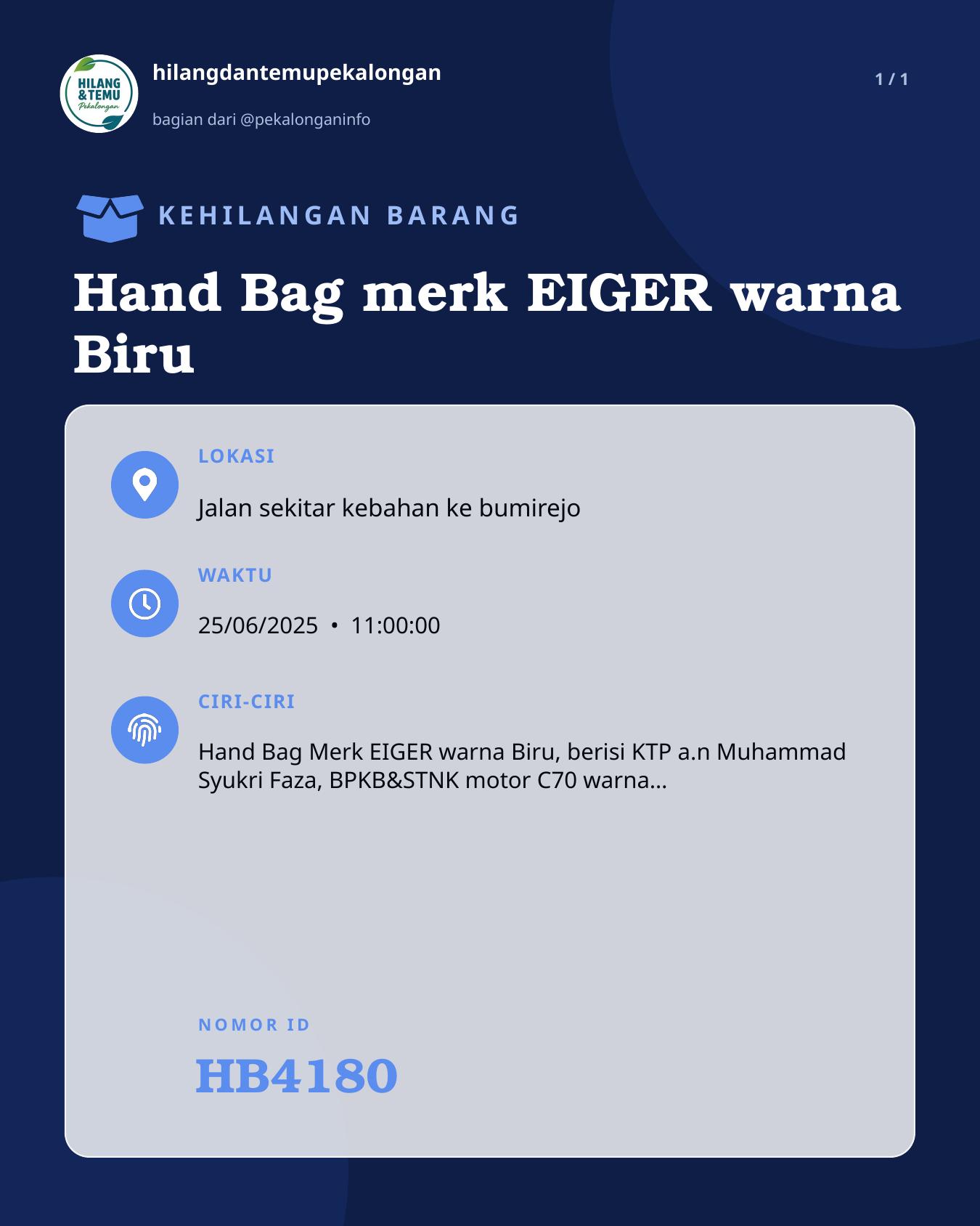 Slide laporan Hand Bag merk EIGER warna Biru (HB4180)