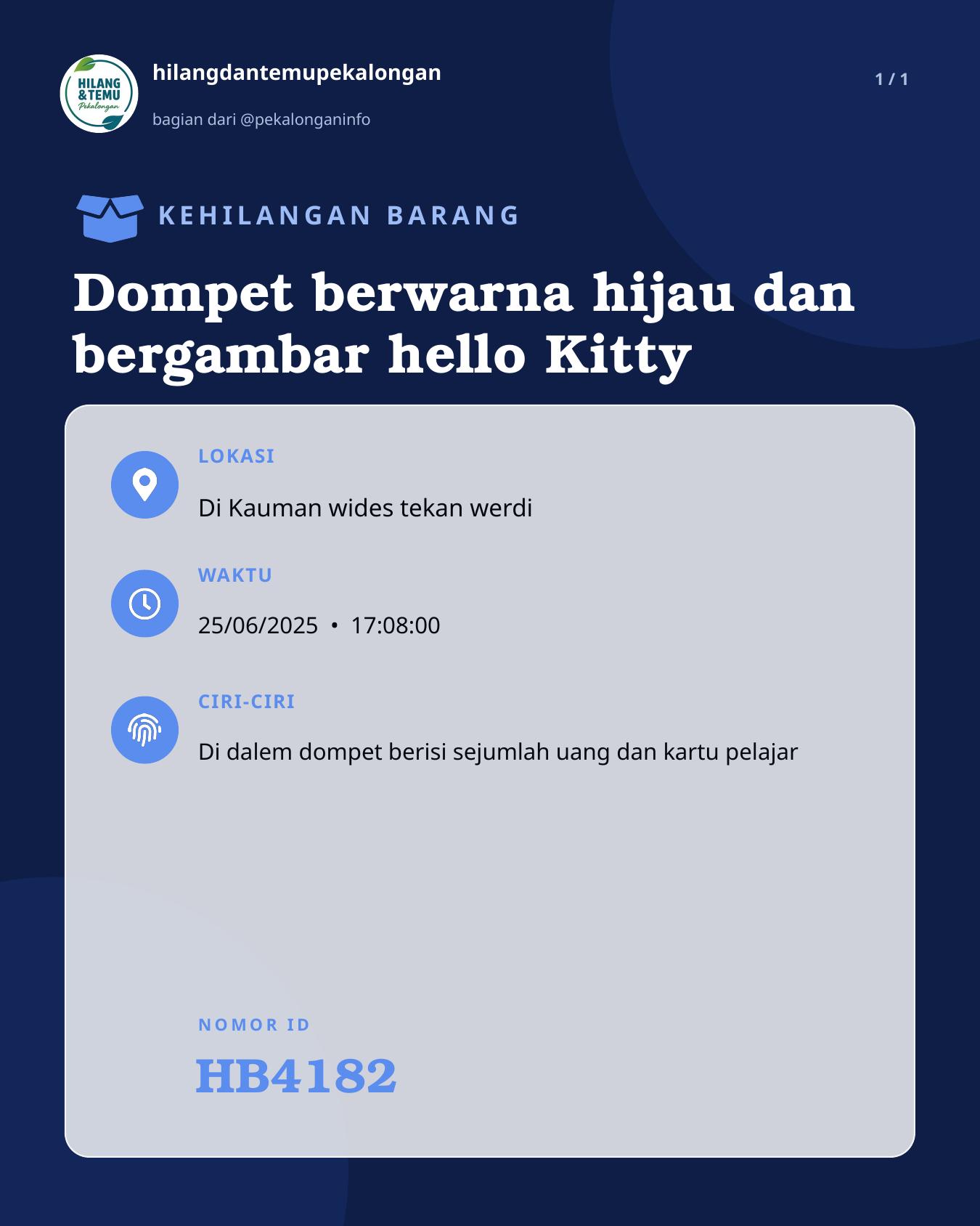 Slide laporan Dompet berwarna hijau dan bergambar hello Kitty (HB4182)