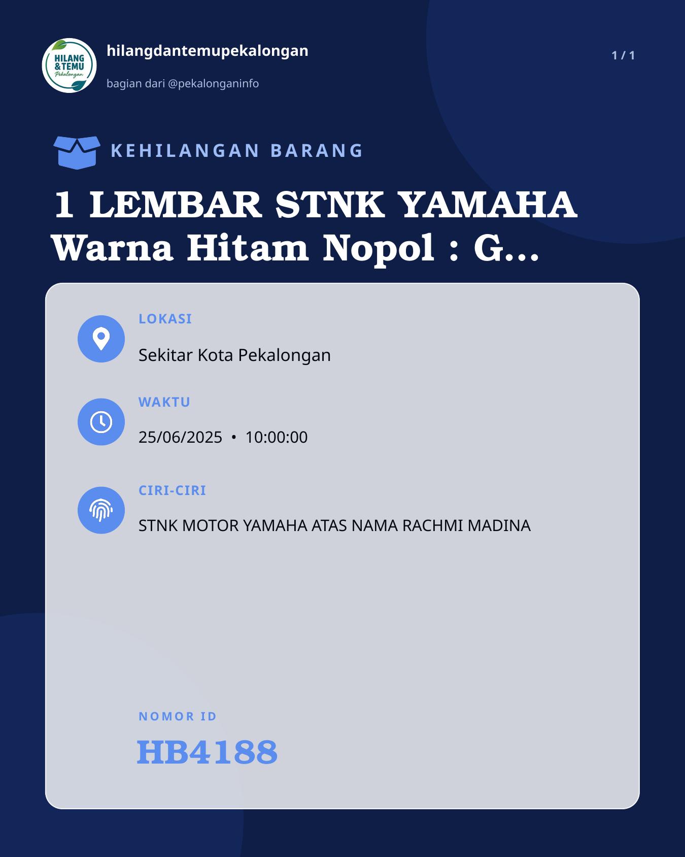 Slide laporan 1 LEMBAR STNK YAMAHA Warna Hitam Nopol : G 5840 CS (HB4188)
