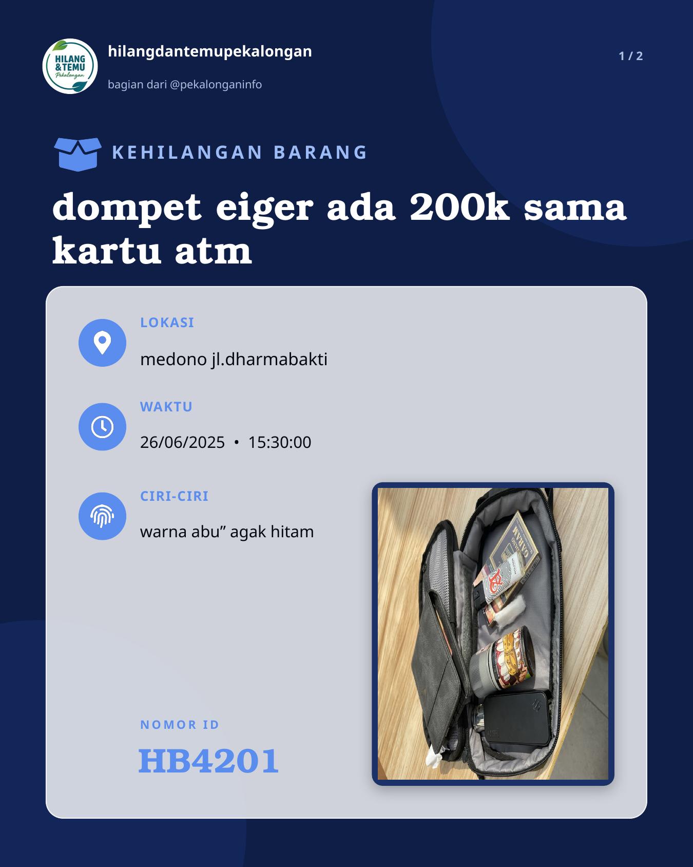 Slide 1 laporan dompet eiger ada 200k sama kartu atm