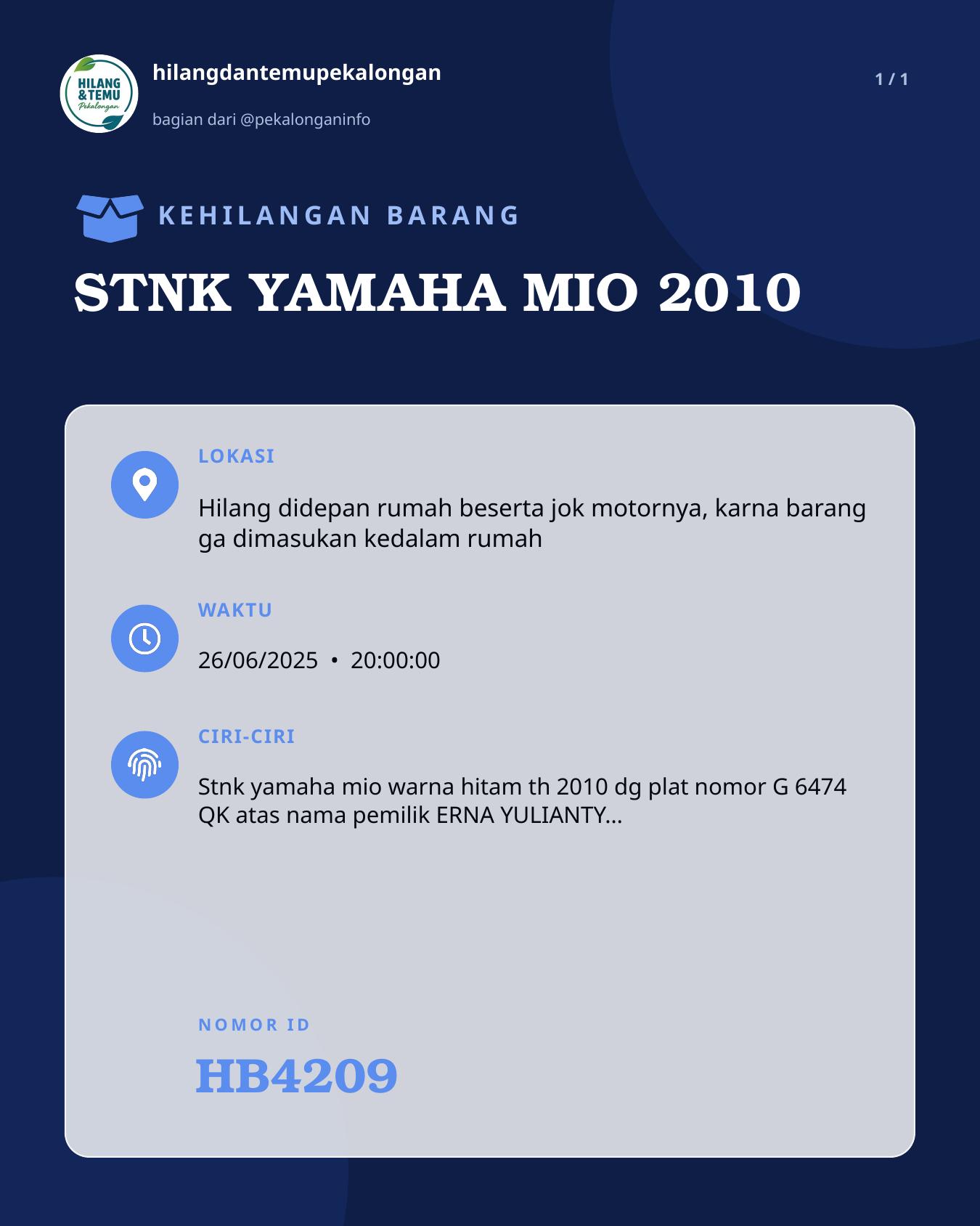 Slide laporan STNK YAMAHA MIO 2010 (HB4209)