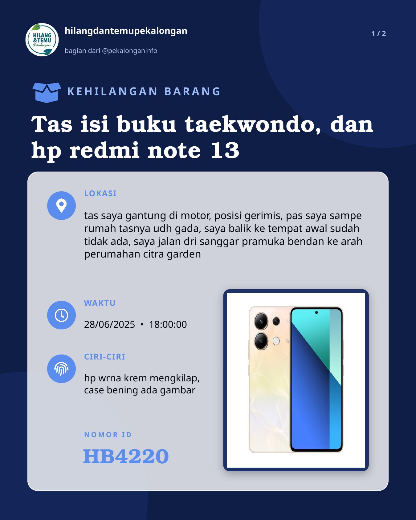 Slide 1 laporan Tas isi buku taekwondo, dan hp redmi note 13