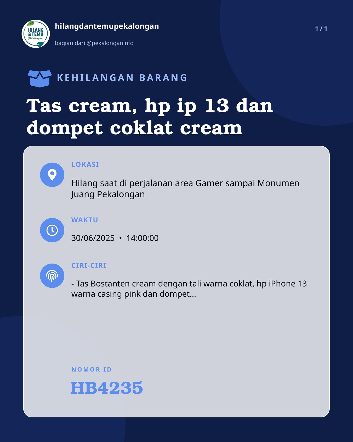 Slide laporan Tas cream, hp ip 13 dan dompet coklat cream (HB4235)