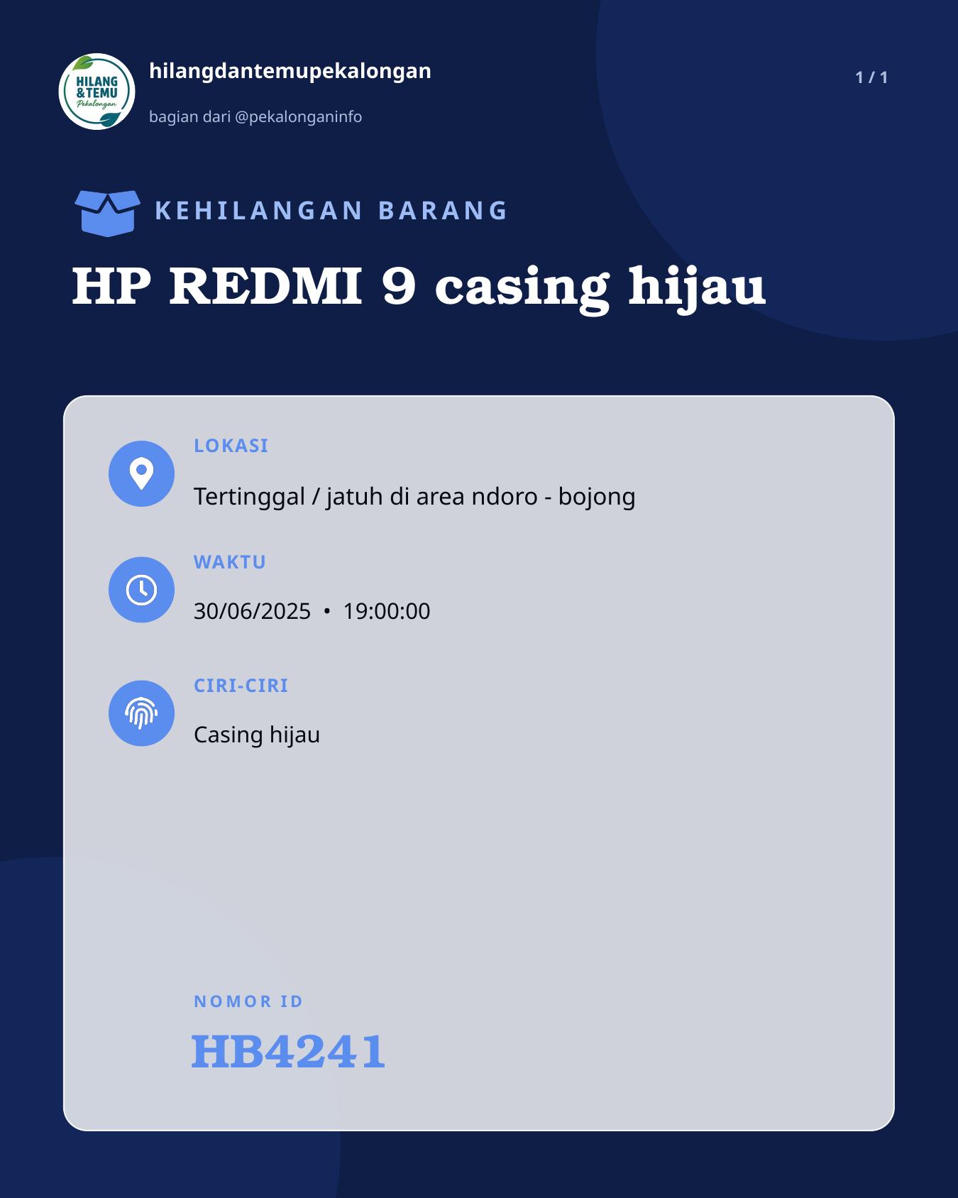 Slide laporan HP REDMI 9 casing hijau (HB4241)