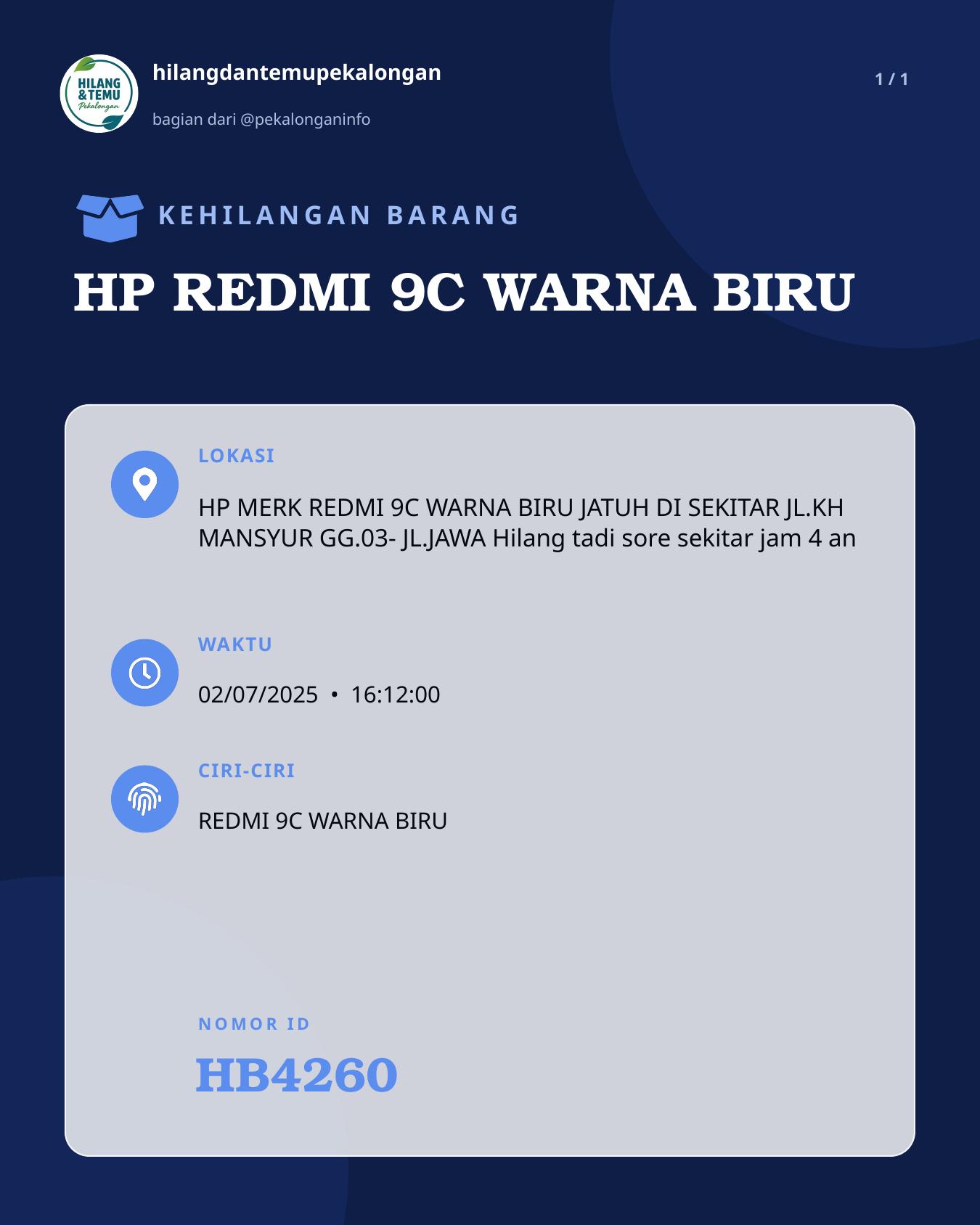 Slide laporan HP REDMI 9C WARNA BIRU (HB4260)