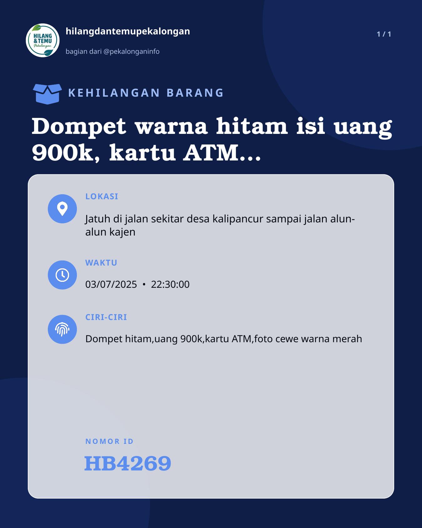 Slide laporan Dompet warna hitam isi uang 900k, kartu ATM dan foto cewe warna merah (HB4269)