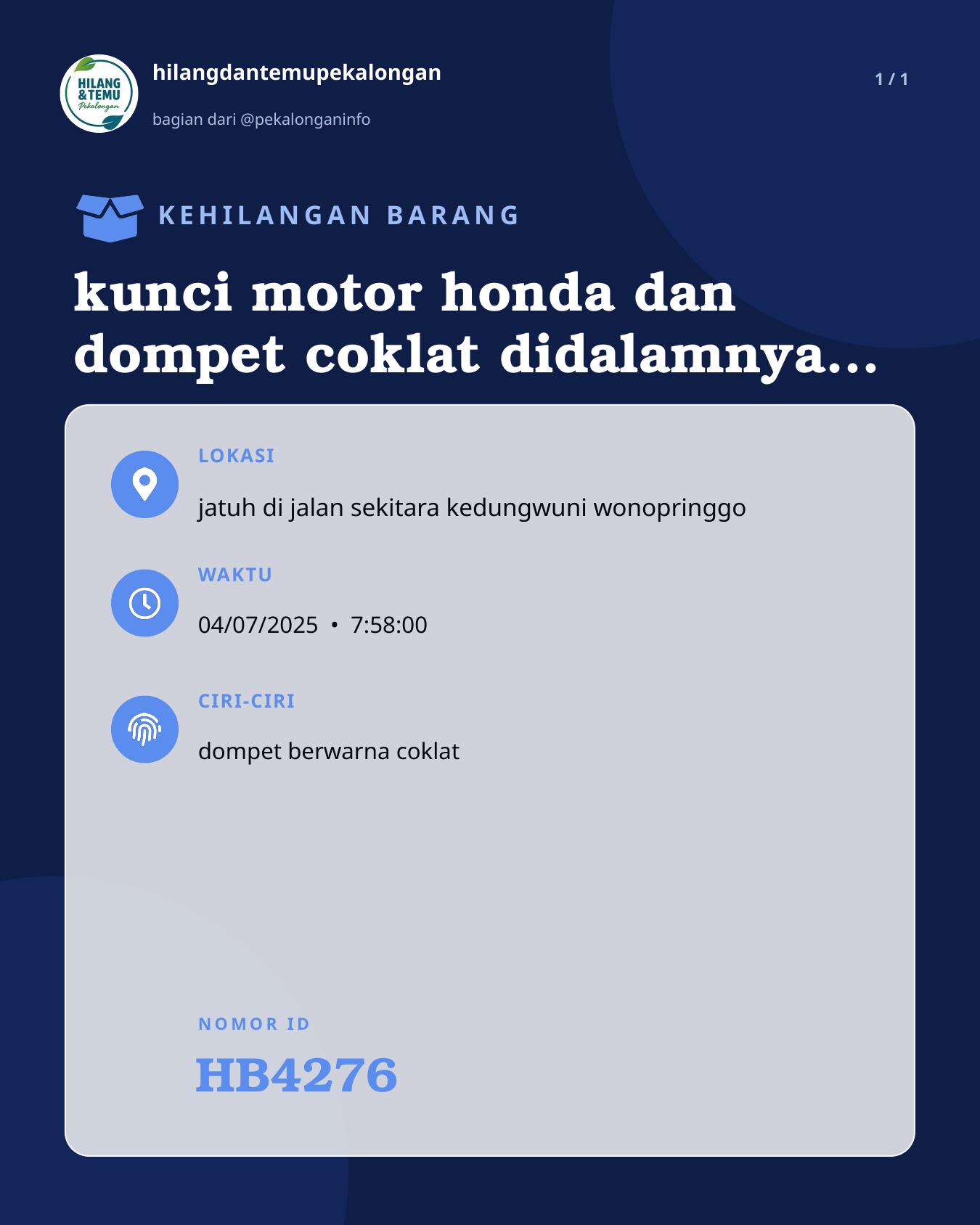 Slide laporan kunci motor honda dan dompet coklat didalamnya ada stnk (HB4276)