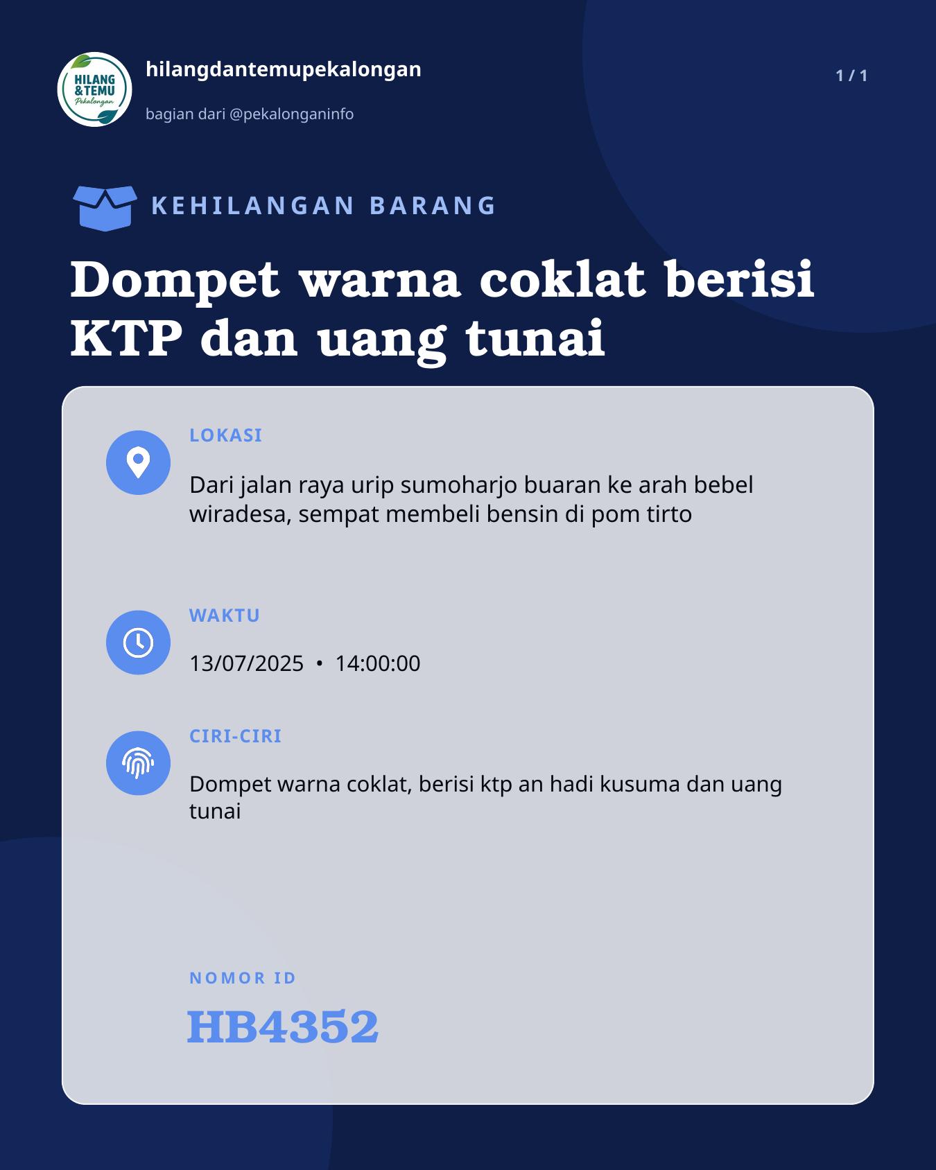 Slide laporan Dompet warna coklat berisi KTP dan uang tunai (HB4352)