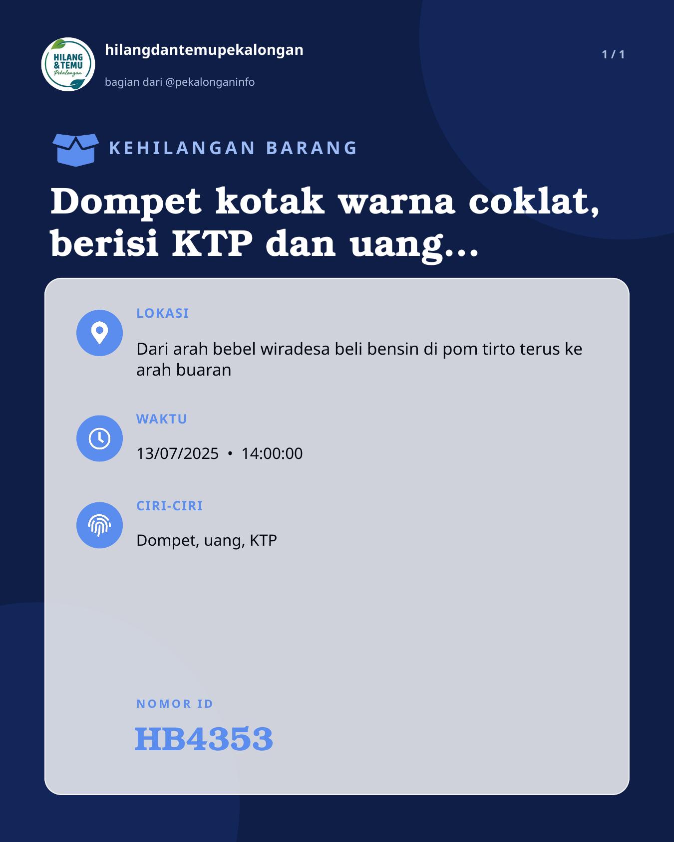 Slide laporan Dompet kotak warna coklat, berisi KTP dan uang tunai (HB4353)