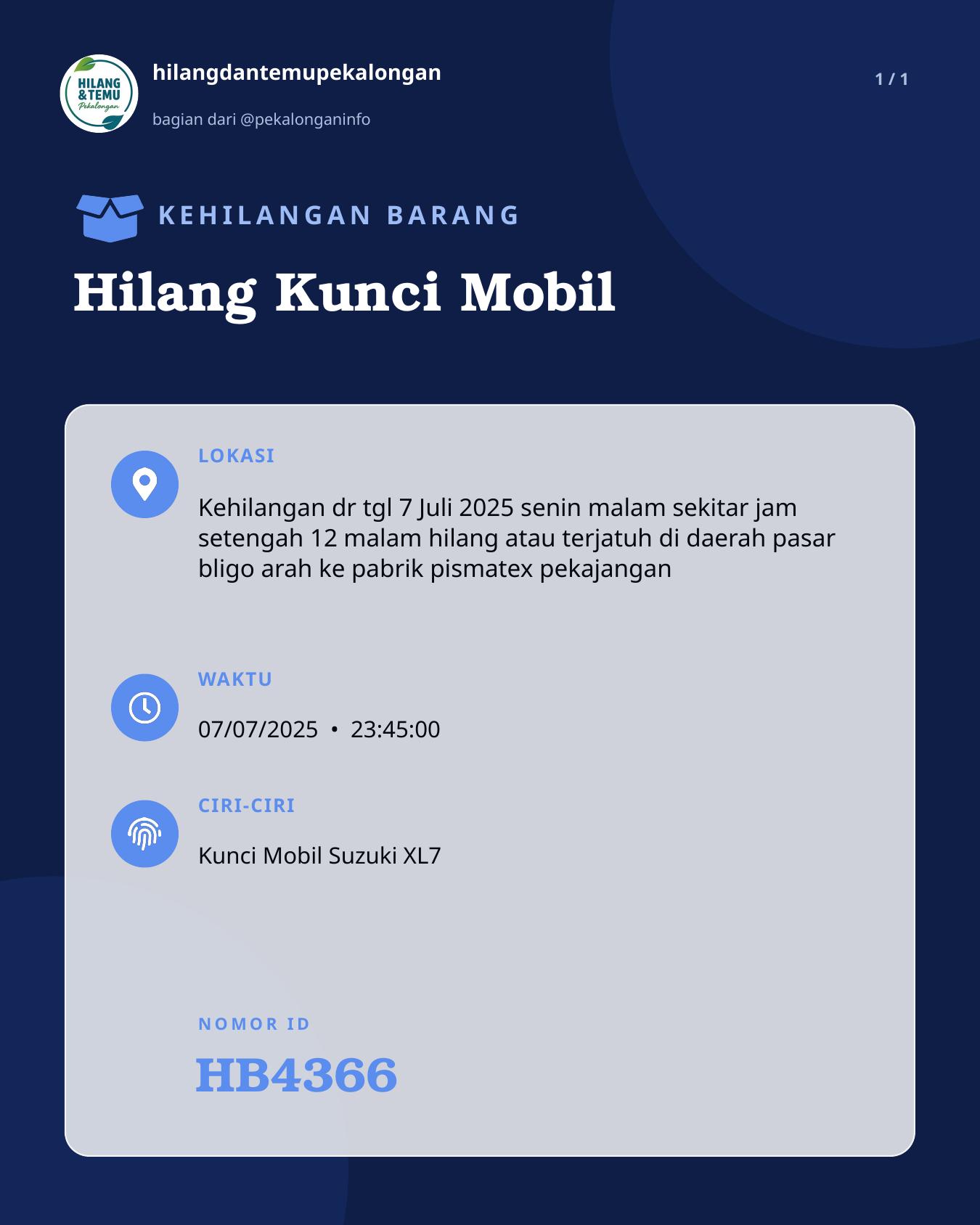 Slide laporan Hilang Kunci Mobil (HB4366)