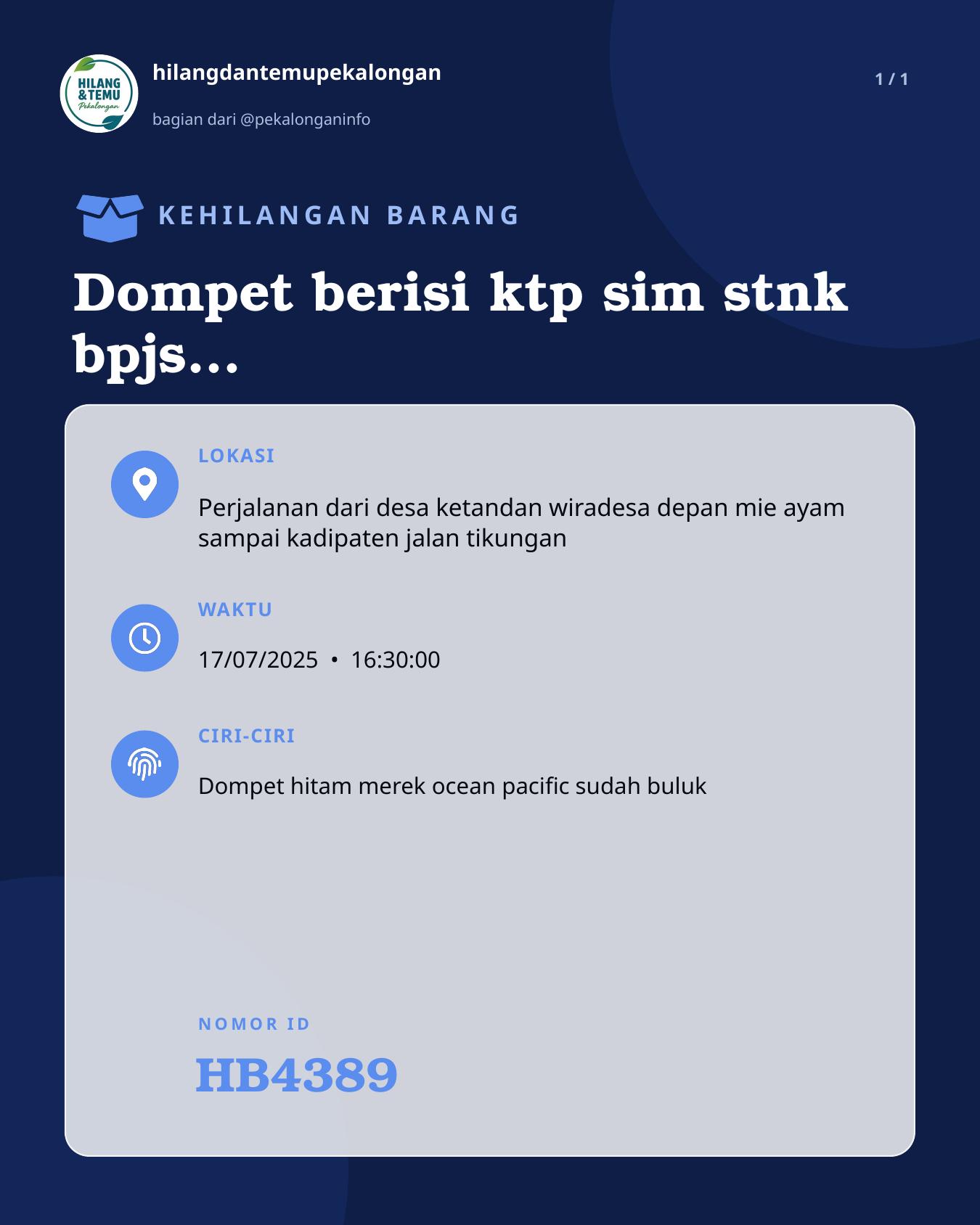 Slide laporan Dompet berisi ktp sim stnk bpjs ketenagakerjaan atm bsi (HB4389)