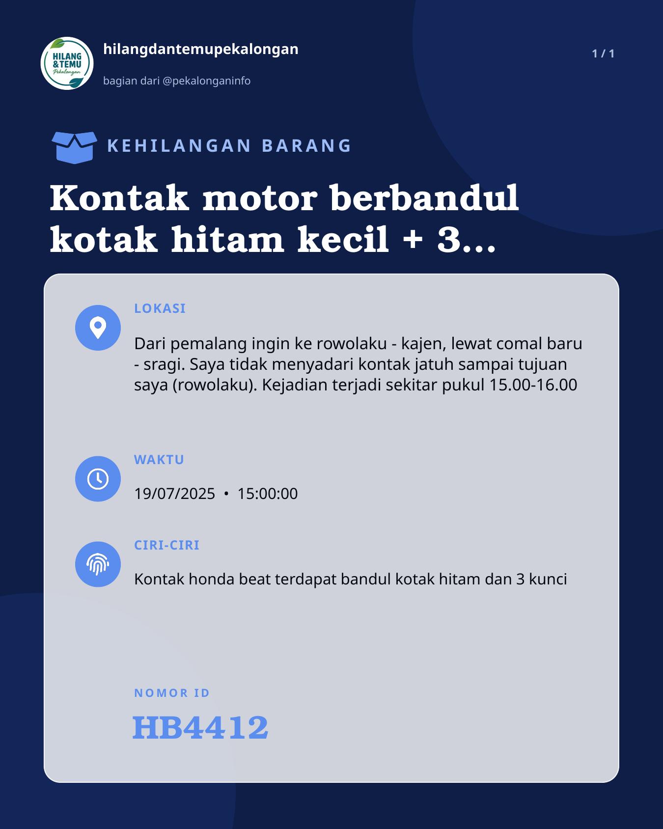 Slide laporan Kontak motor berbandul kotak hitam kecil + 3 kunci (HB4412)