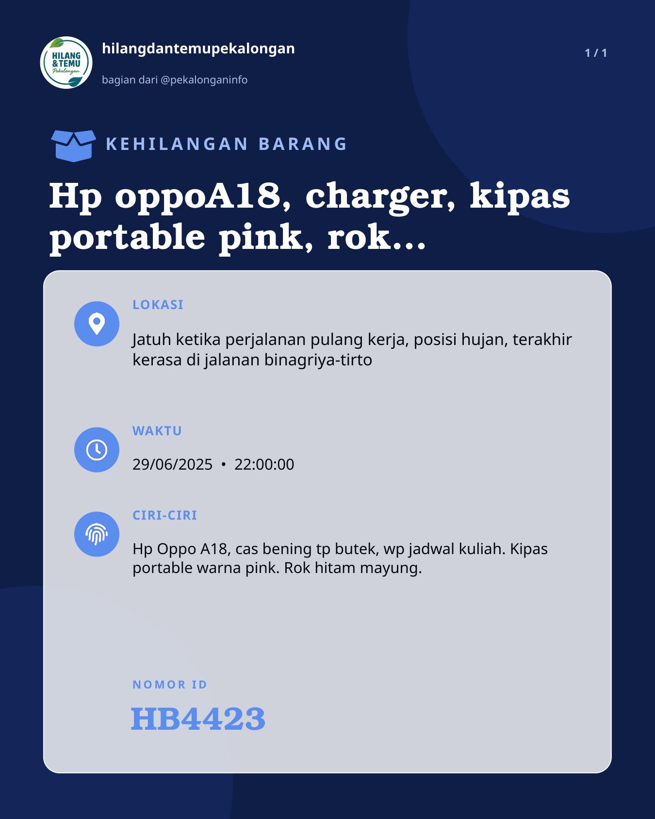 Slide laporan Hp oppoA18, charger, kipas portable pink, rok hitam (HB4423)