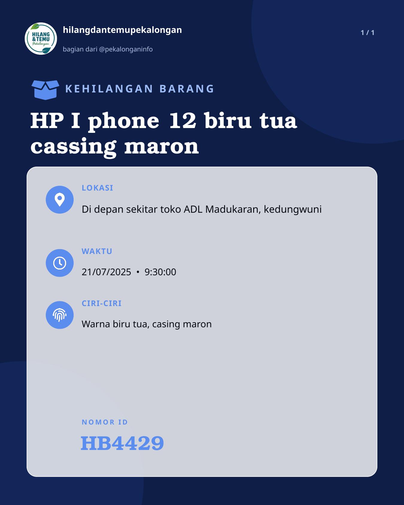 Slide laporan HP I phone 12 biru tua cassing maron (HB4429)
