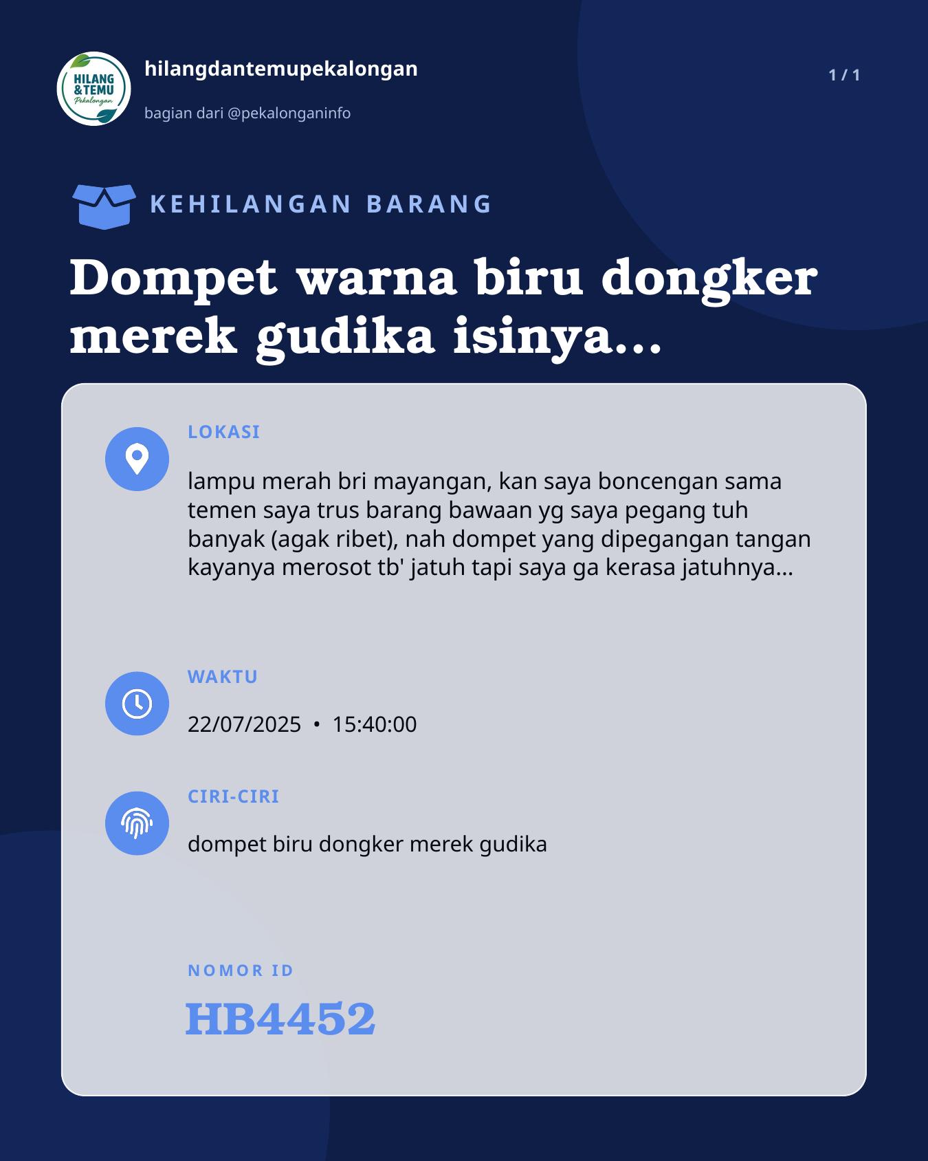 Slide laporan Dompet warna biru dongker merek gudika isinya ktp, kartu pelajar, uang, kartu-kartu lain (HB4452)