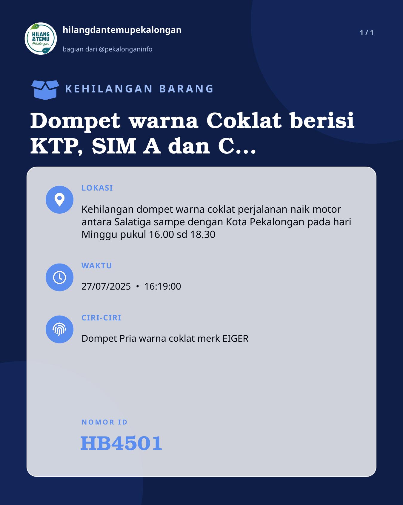 Slide laporan Dompet warna Coklat berisi KTP, SIM A dan C, ATM dan Kartu Kredit (HB4501)