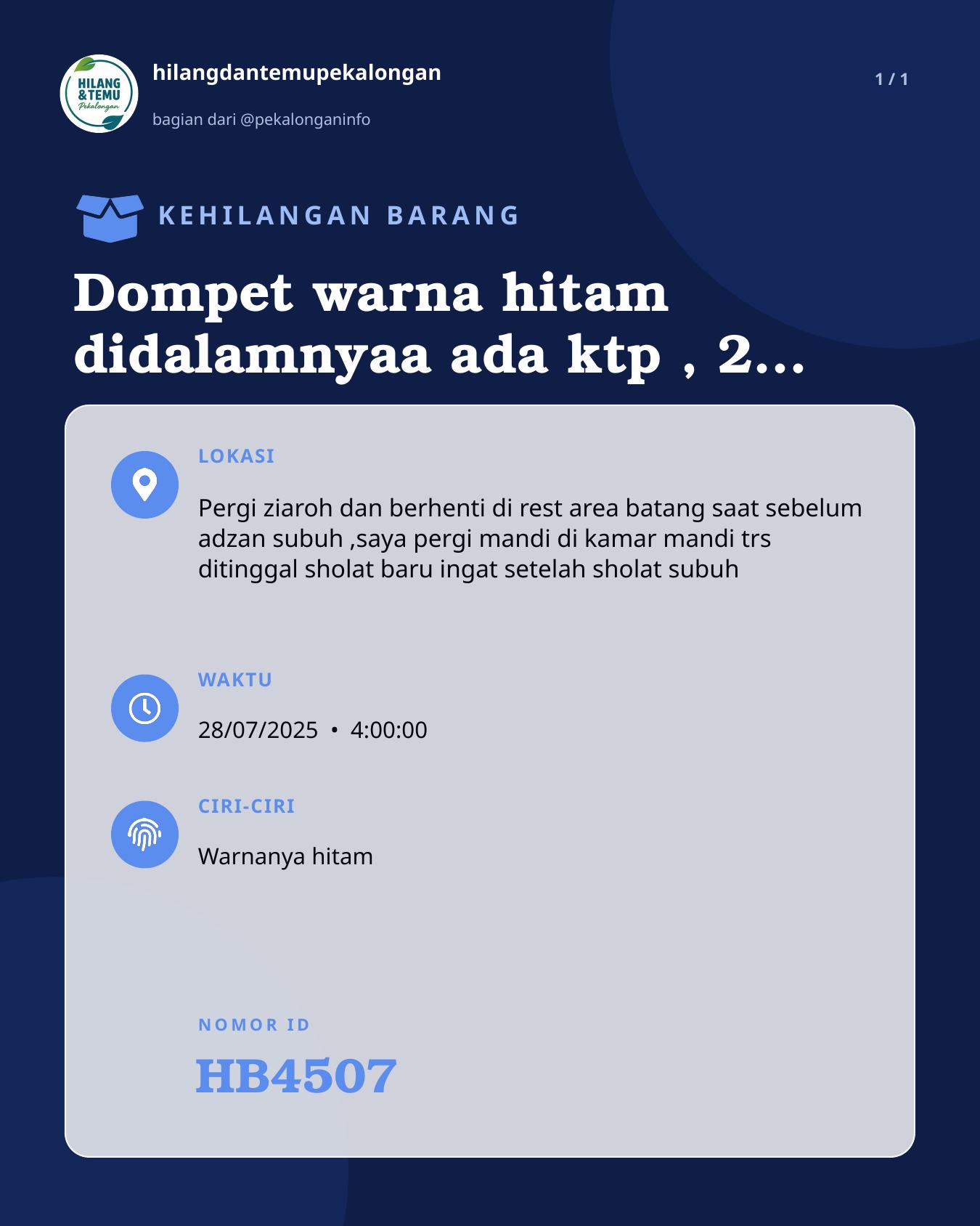 Slide laporan Dompet warna hitam didalamnyaa ada ktp , 2 sim, dan brng penting didalam dompet serta uang (HB4507)