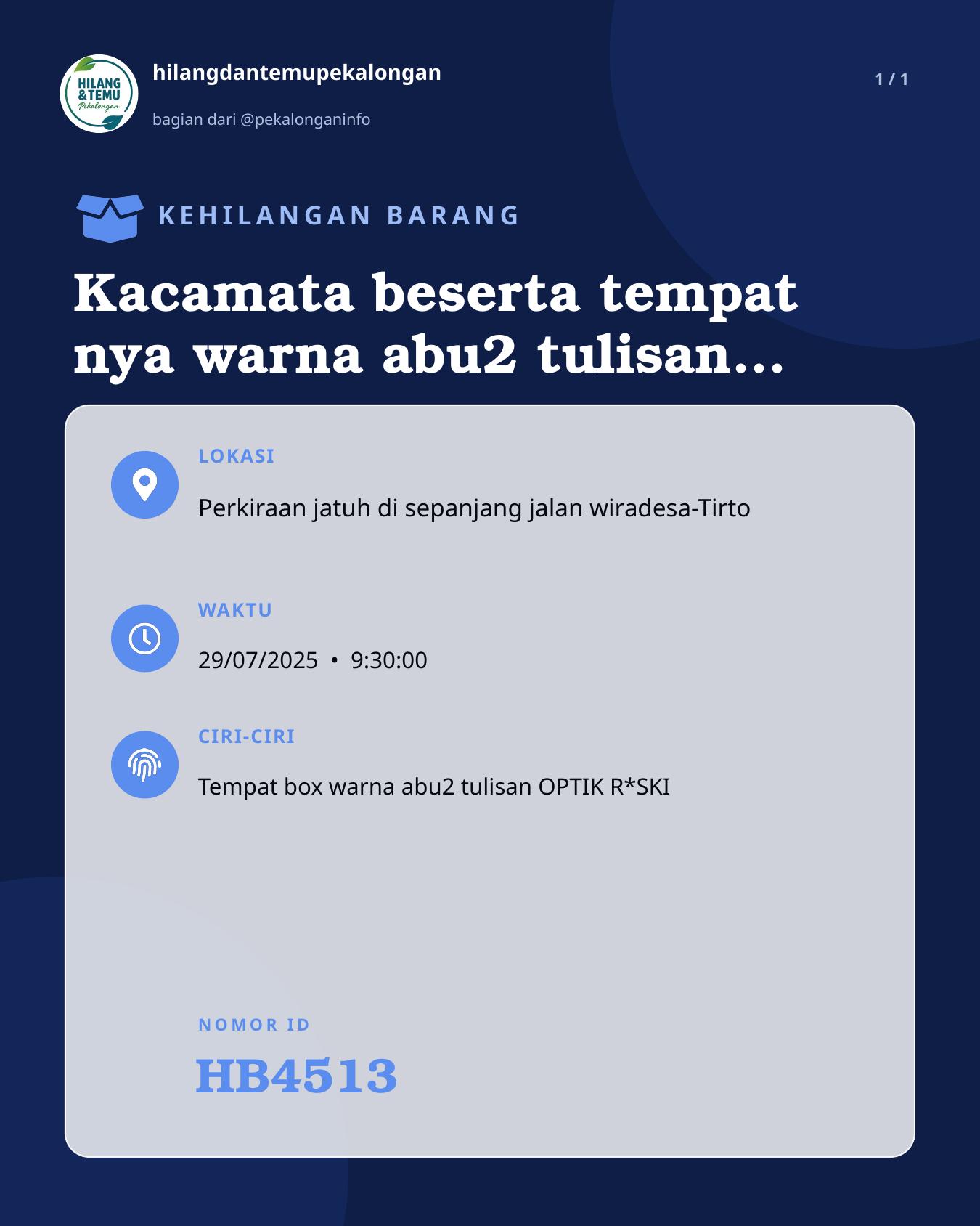Slide laporan Kacamata beserta tempat nya warna abu2 tulisan OPTIK RISKI (HB4513)