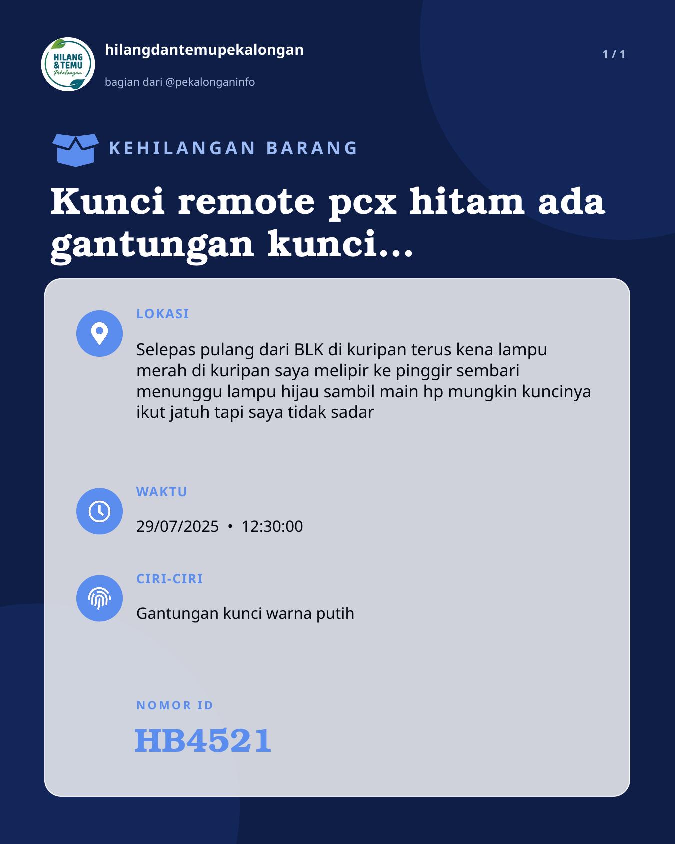 Slide laporan Kunci remote pcx hitam ada gantungan kunci warna putih (HB4521)