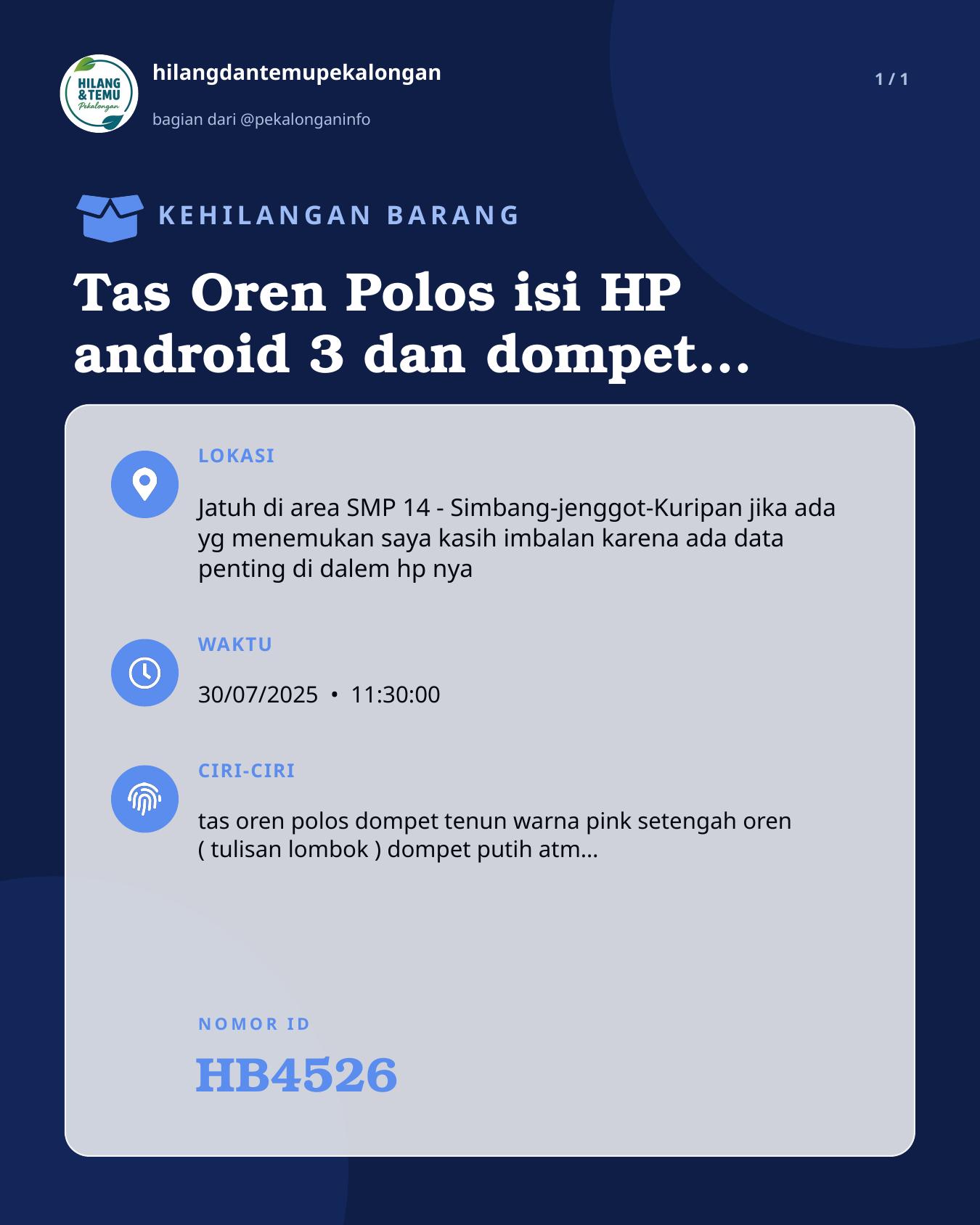 Slide laporan Tas Oren Polos isi HP android 3 dan dompet putih isi kartu atm dan ktp (HB4526)