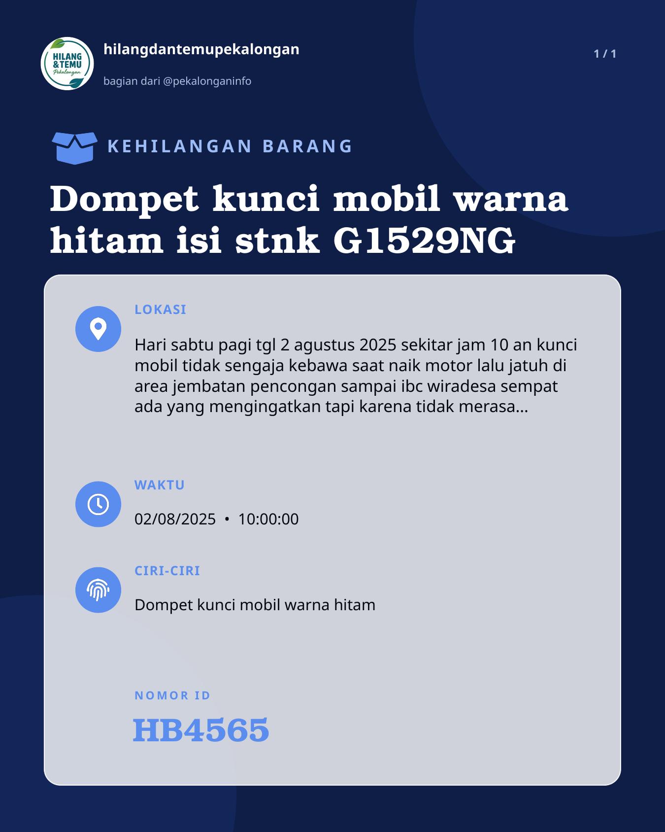 Slide laporan Dompet kunci mobil warna hitam isi stnk G1529NG (HB4565)