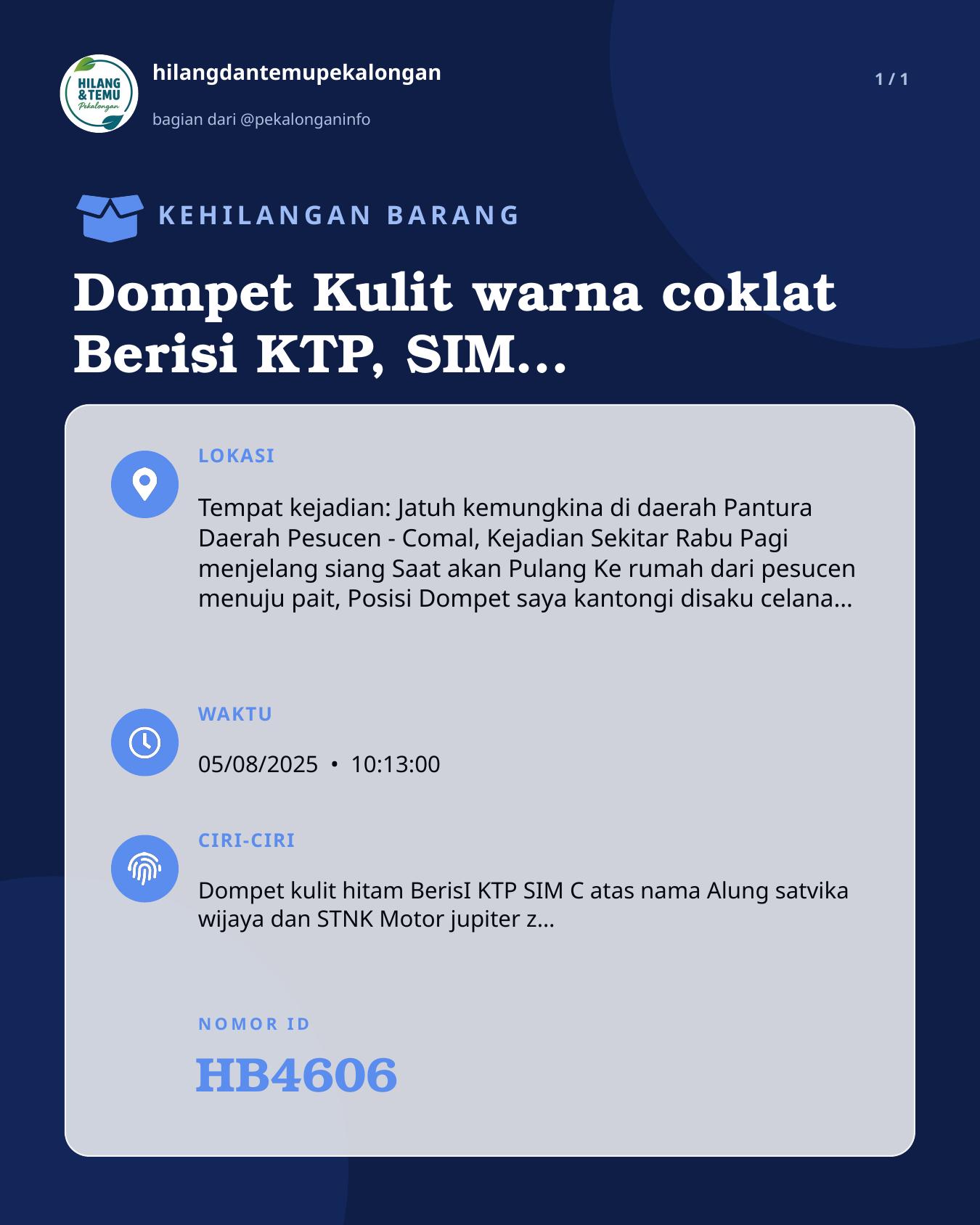 Slide laporan Dompet Kulit warna coklat Berisi KTP, SIM, STNK, Kartu vaksin (HB4606)