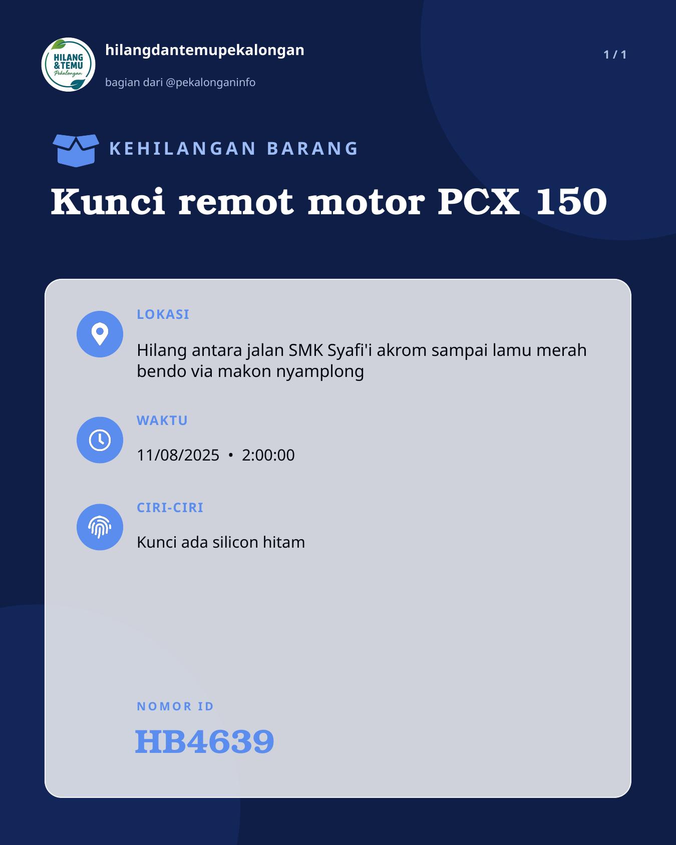 Slide laporan Kunci remot motor PCX 150 (HB4639)
