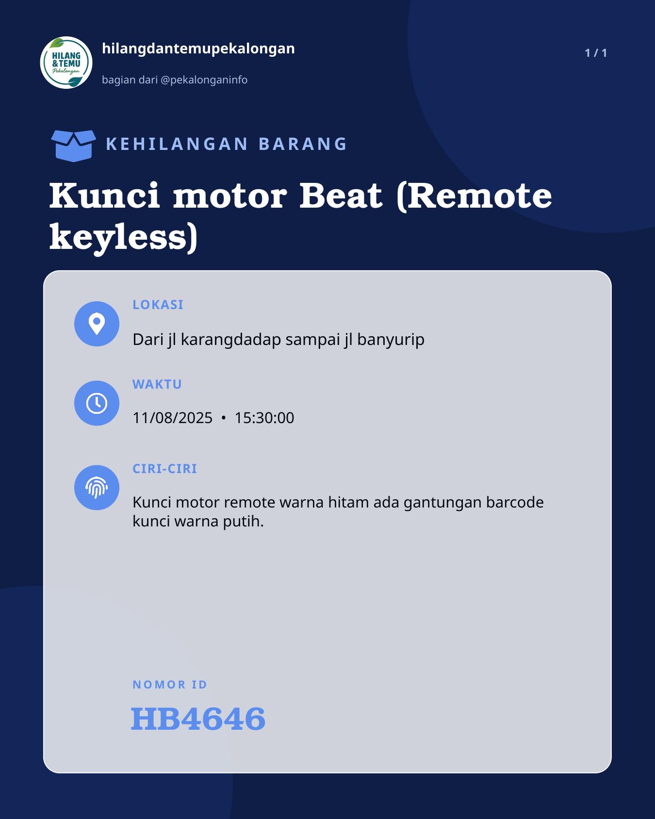 Slide laporan Kunci motor Beat (Remote keyless) (HB4646)