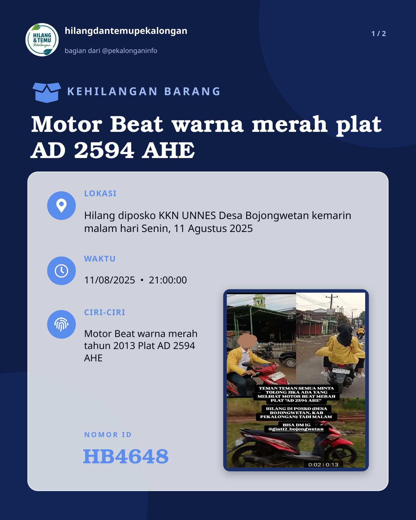 Slide 1 laporan Motor Beat warna merah plat AD 2594 AHE