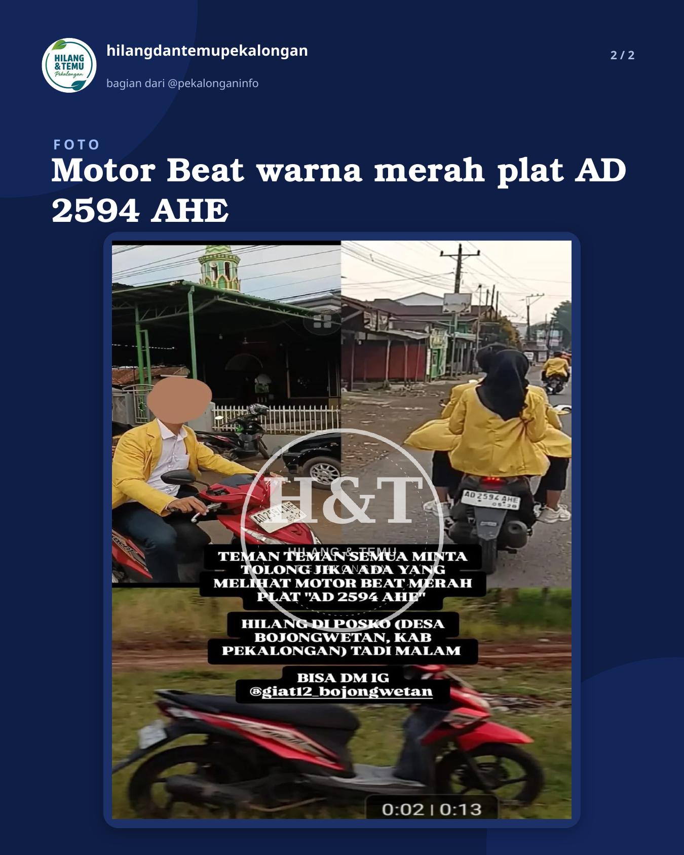 Slide 2 laporan Motor Beat warna merah plat AD 2594 AHE
