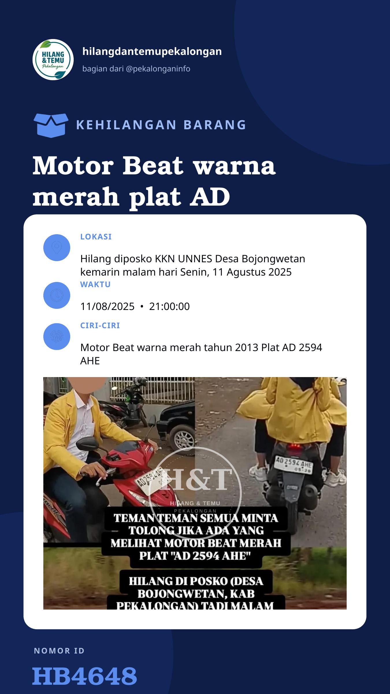 Story 9:16 laporan Motor Beat warna merah plat AD 2594 AHE