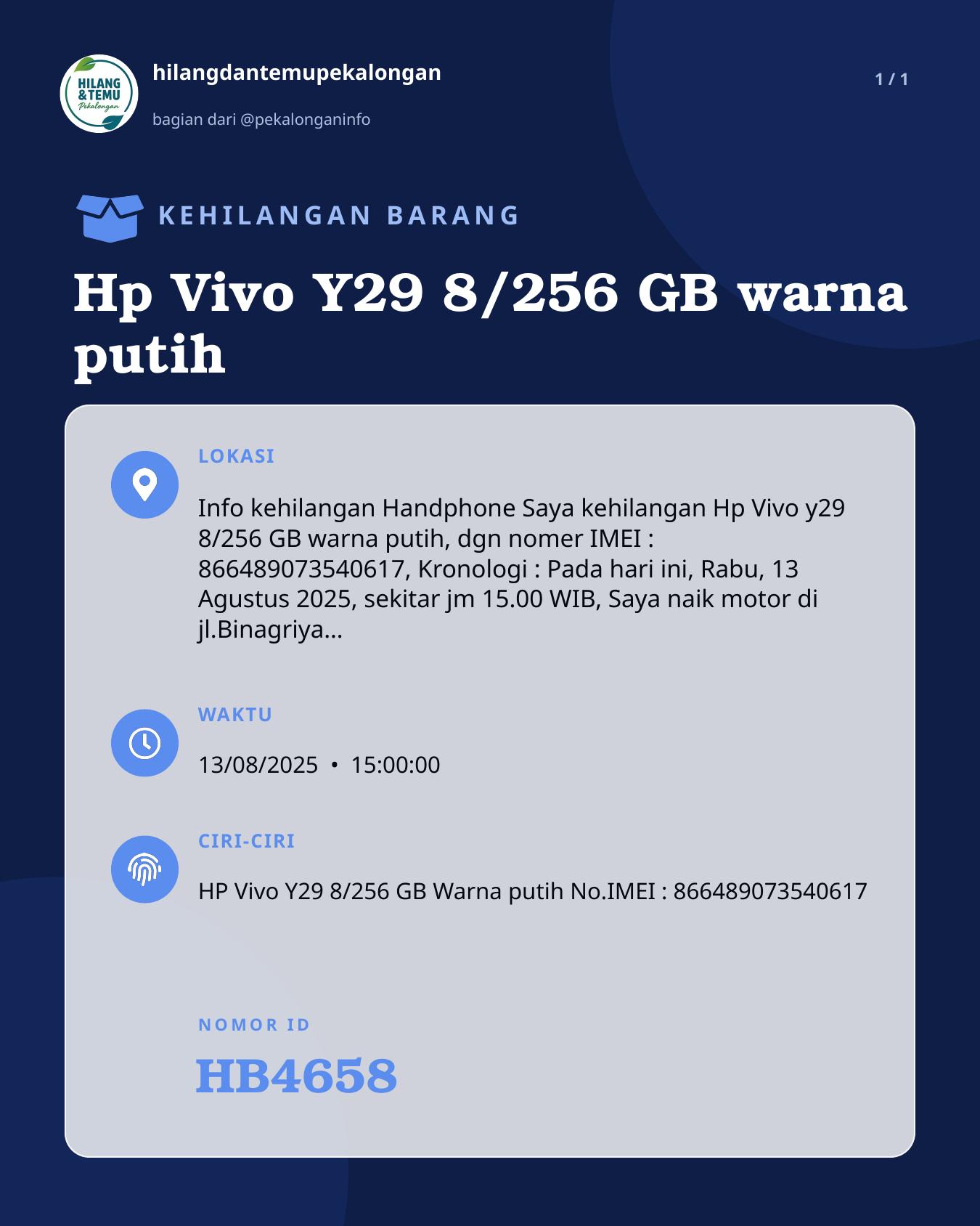 Slide laporan Hp Vivo Y29 8/256 GB warna putih (HB4658)