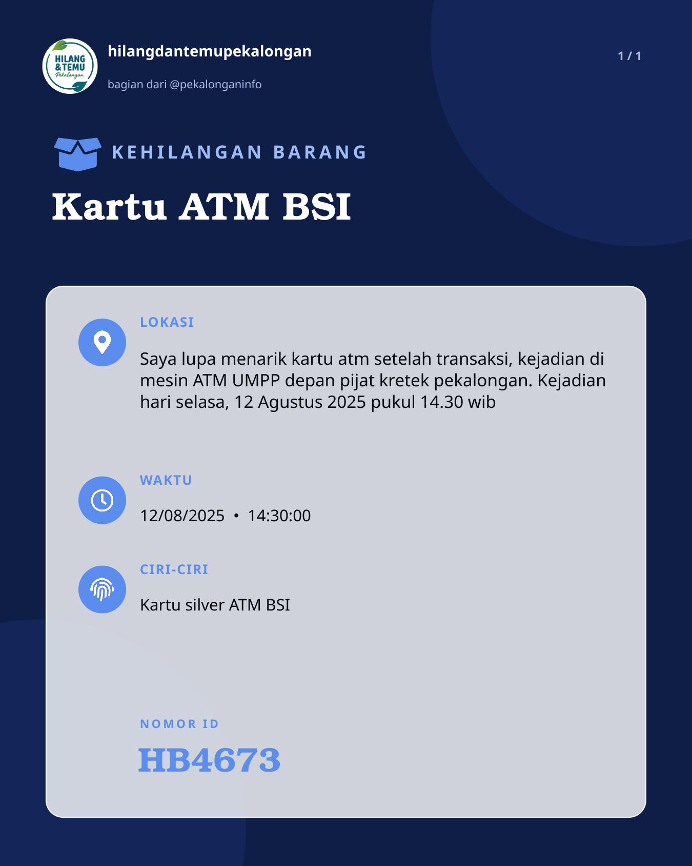 Slide laporan Kartu ATM BSI (HB4673)