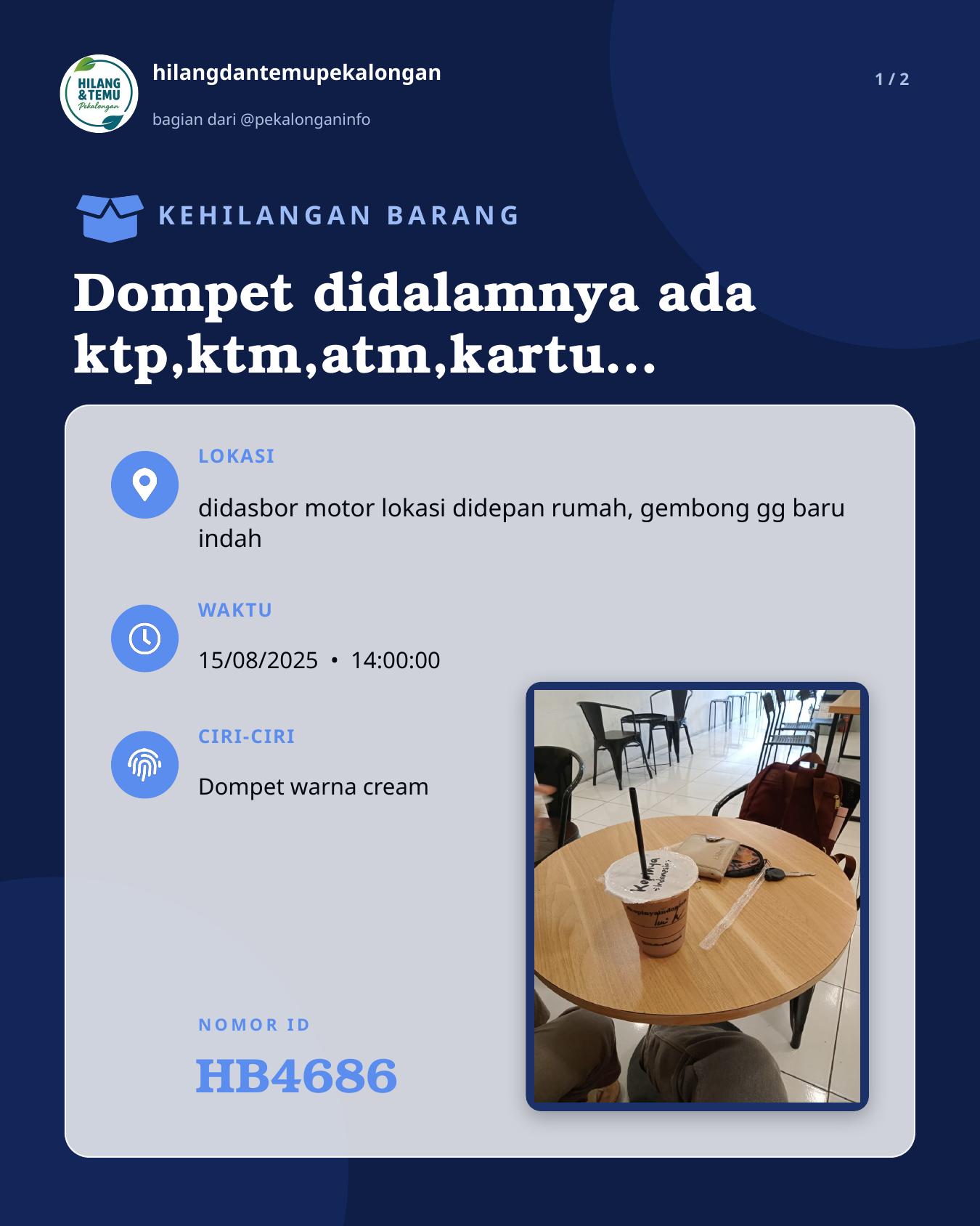 Slide 1 laporan Dompet didalamnya ada ktp,ktm,atm,kartu vaksin,uang,dan foto