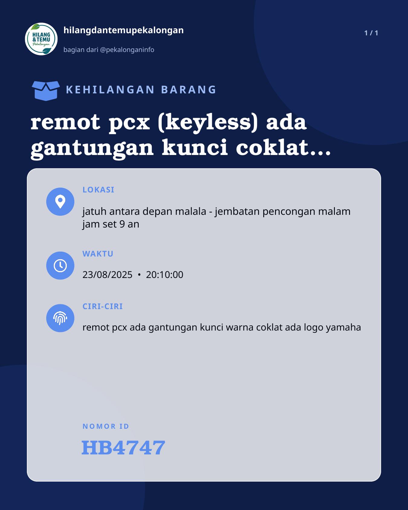 Slide laporan remot pcx (keyless) ada gantungan kunci coklat yamaha (HB4747)