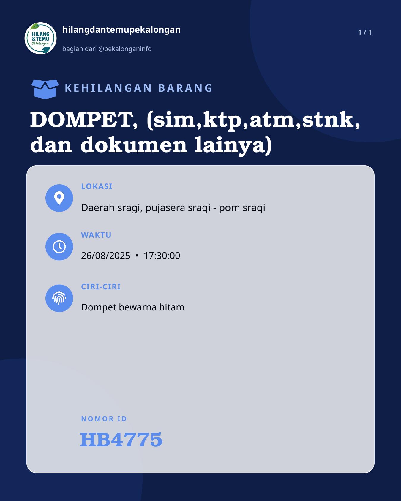 Slide laporan DOMPET, (sim,ktp,atm,stnk, dan dokumen lainya) (HB4775)