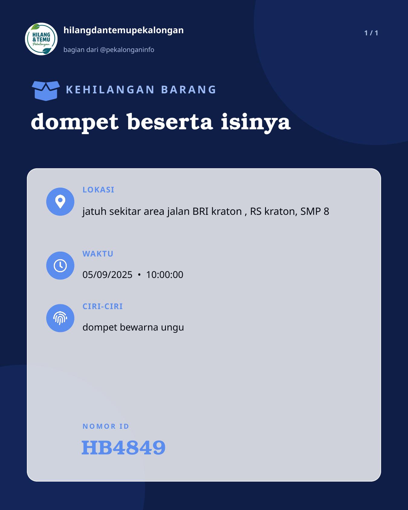 Slide laporan dompet beserta isinya (HB4849)