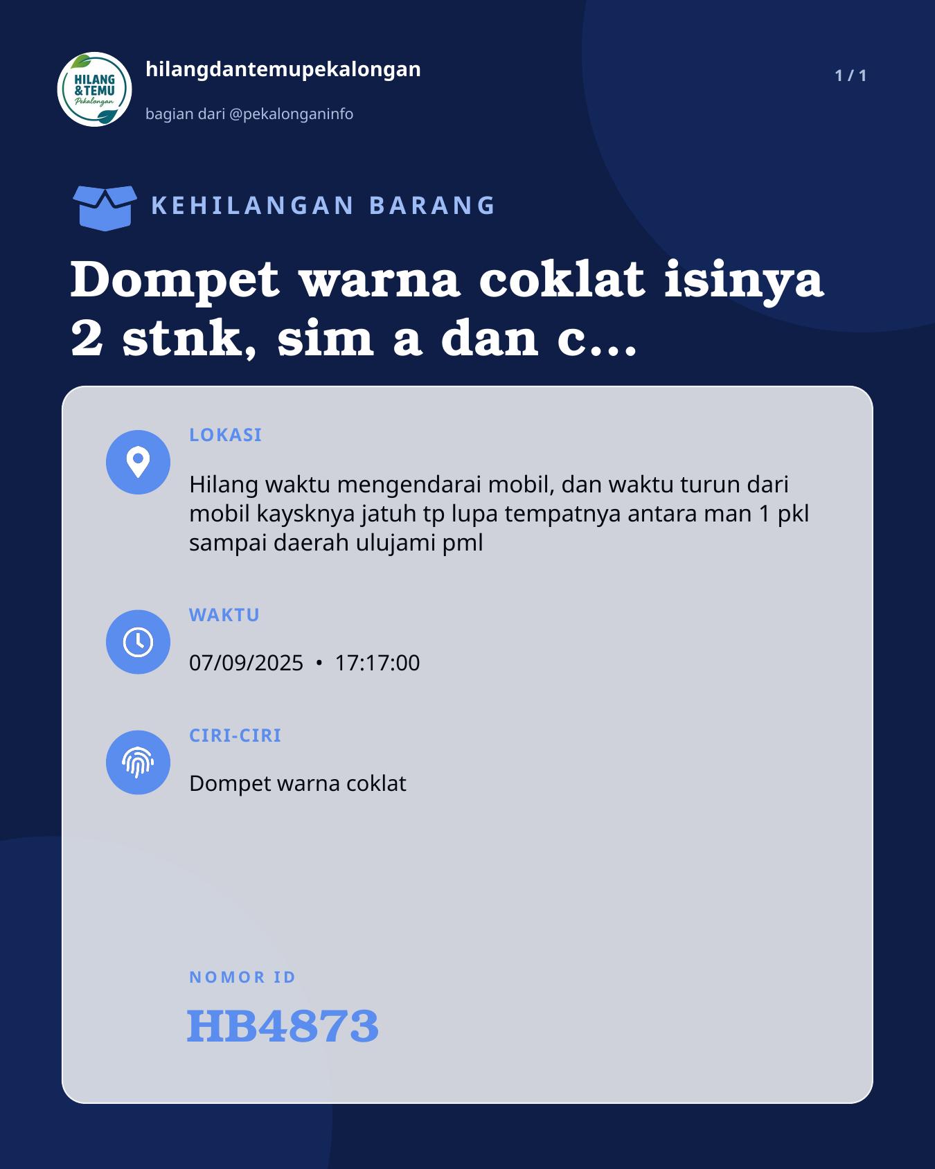 Slide laporan Dompet warna coklat isinya 2 stnk, sim a dan c ktp, atm (HB4873)